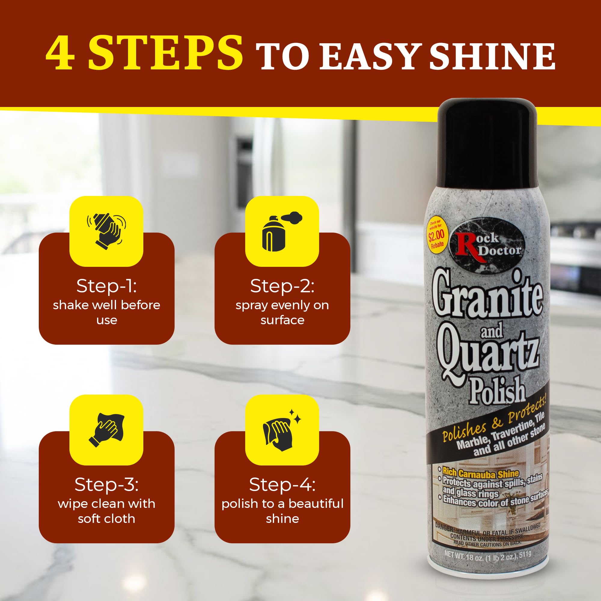 Rock Doctor Granite Polish Spray and Surface,18oz.Can Polish Tile, Marble, Kitchen Countertop, and Natural Stone Surfaces, Streak-Free Shine Pack of 1