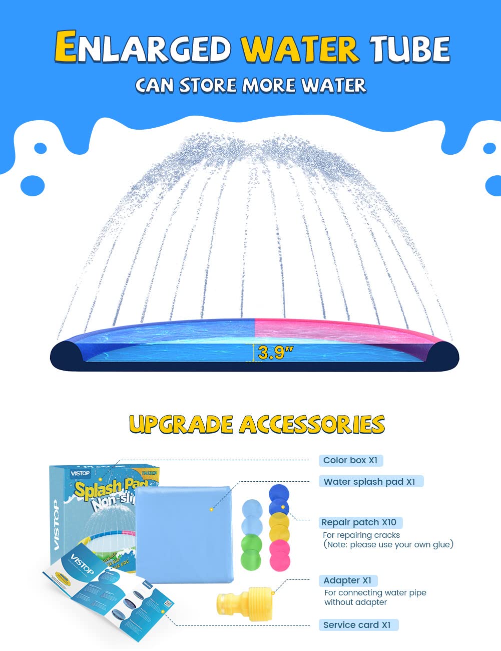 VISTOP 67" Non-Slip Splash Pad for Kids and Dogs, Thickened Sprinkler Pool for Toddlers, Outdoor Backyard Water Toys, Fun Fountain Play Mat for Babies, Children & Pets Blue