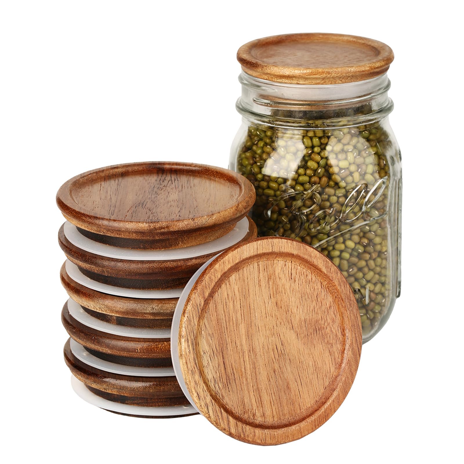 6 Pack Wide Mouth Mason Jar Lids Reusable canning lids Acacia Wooden mason jar Lids with Airtight Silicone Seal, Brown (6PCS Wide Lids)