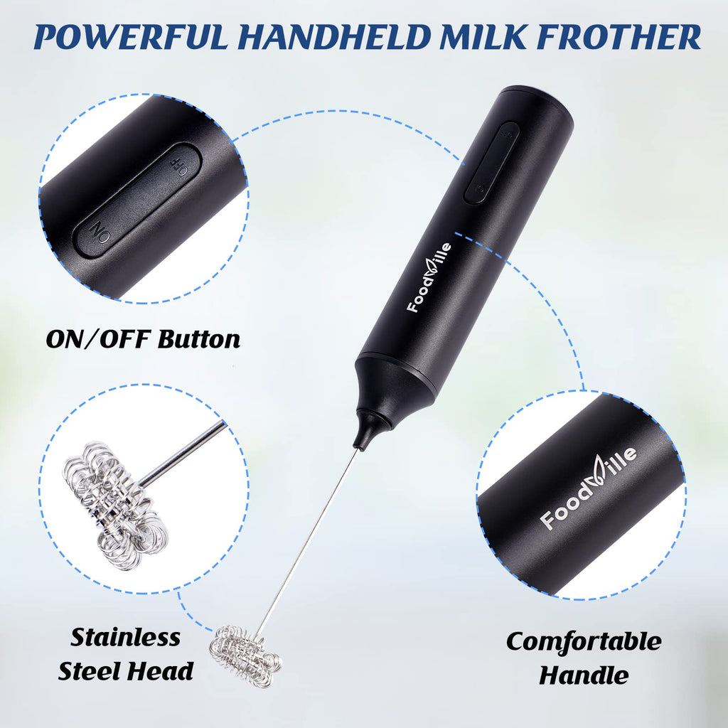 FoodVille MF05 Rechargeable Milk Frother USB Charging Handheld Foam Maker with Stainless Balloon Whisk for Cappuccino, Latte, Bulletproof Coffee, Keto Diet, Protein Powder, Matcha (Black)