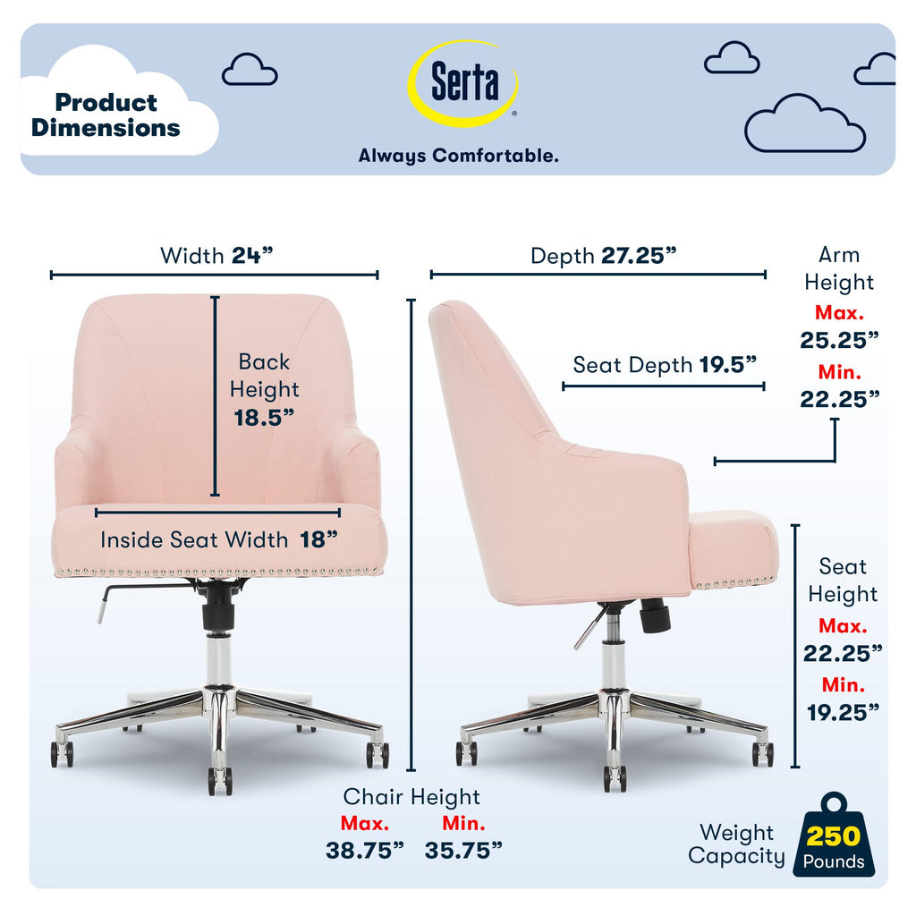 Serta Scarlett Modern Office Chair, Pleated and Curved Mid-Back Desk Chair, Pocket Coil Seat Cushion, Padded Armrests, Vanity Armchair with Wheels, Swivel Gold Base, Beige Velvet Fabric
