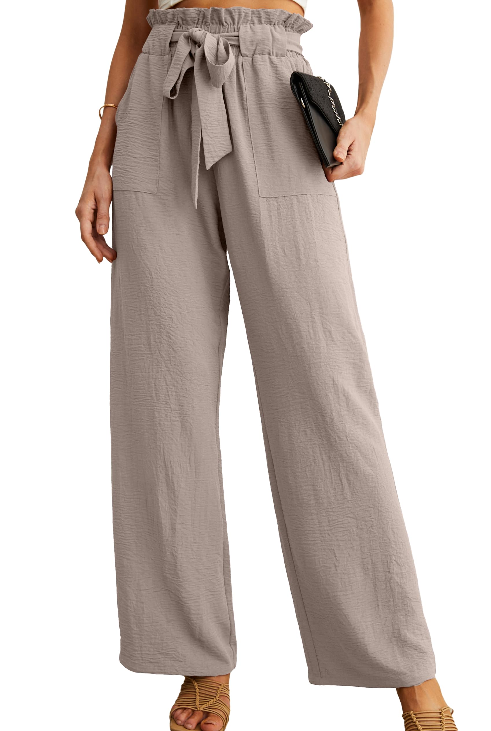 IWOLLENCE Women High Waist Palazzo Pants, Adjustable Knot Ankle Wide Leg Trousers Pockets Beach Vacation Lounge Office