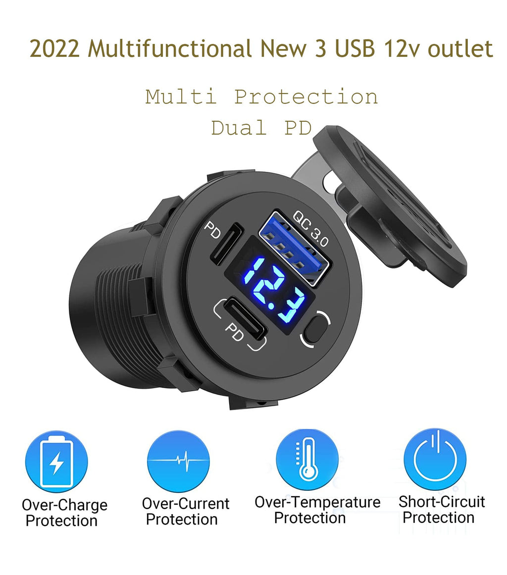 12V USB Outlet, Dual USB C Car Charger Socket & Quick Charge 3.0 Port with Voltmeter and Power Switch for Car Boat Marine Truck