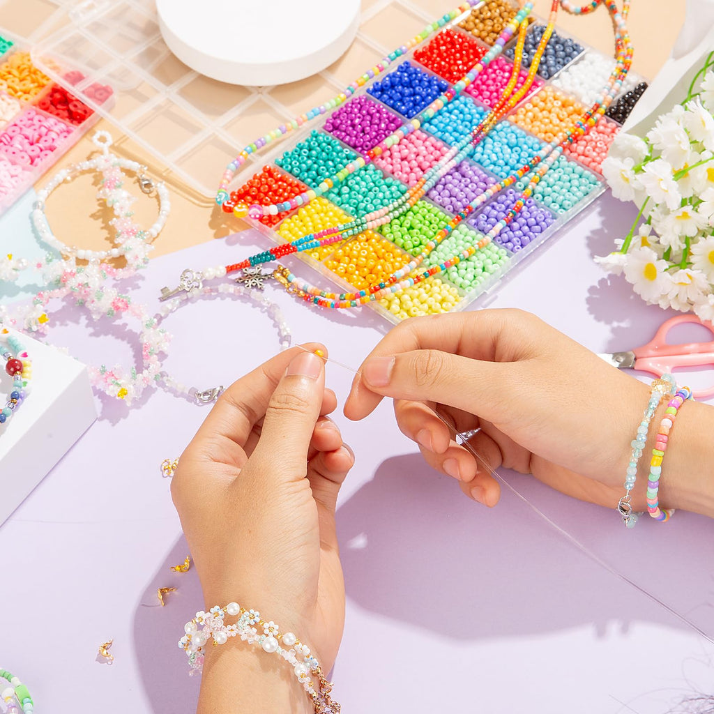 Goldwise Friendship Bracelet Kit - 4 Boxes, 48 Colors Clay & 4mm Seed Beads, Letter Beads, Charms for Jewelry & Bracelet Making for Gifts & Parties