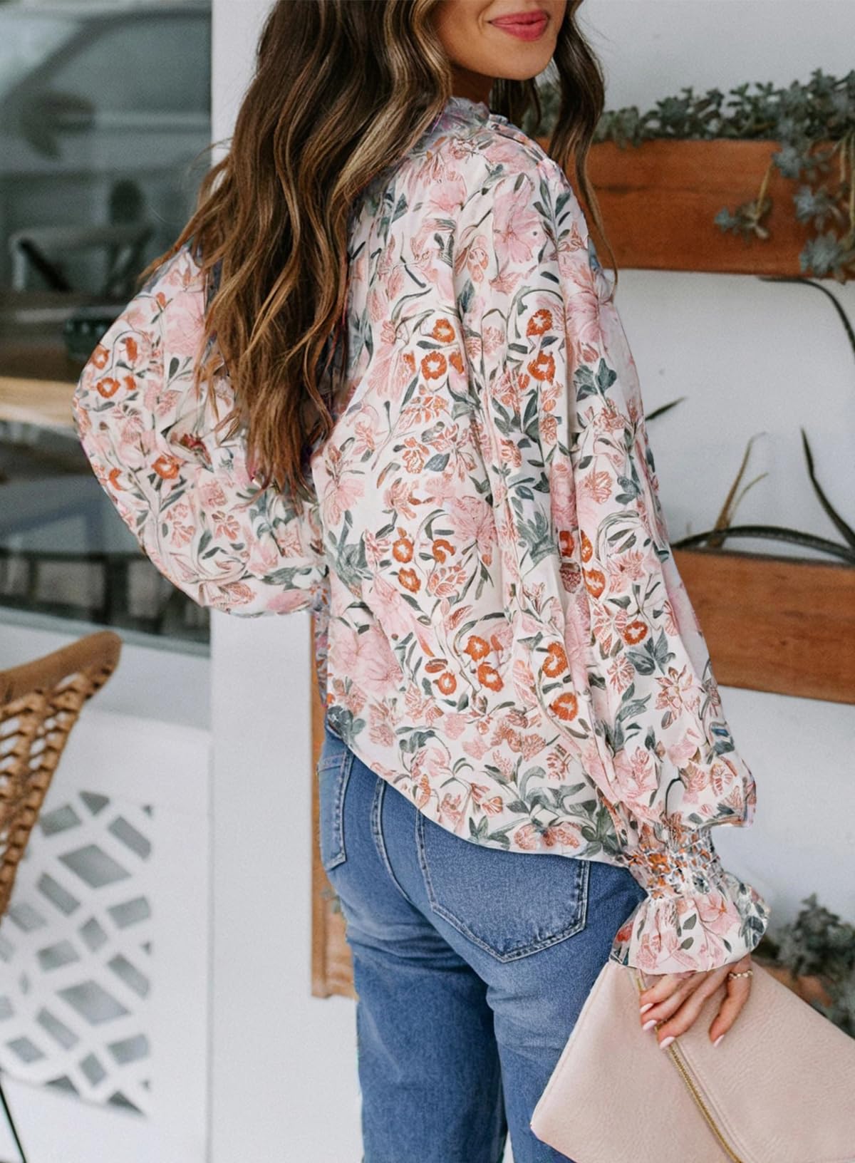 Biucly Women's Casual Boho Floral Print V Neck Long Sleeve Drawstring Tops Loose Blouses Button Down Shirts