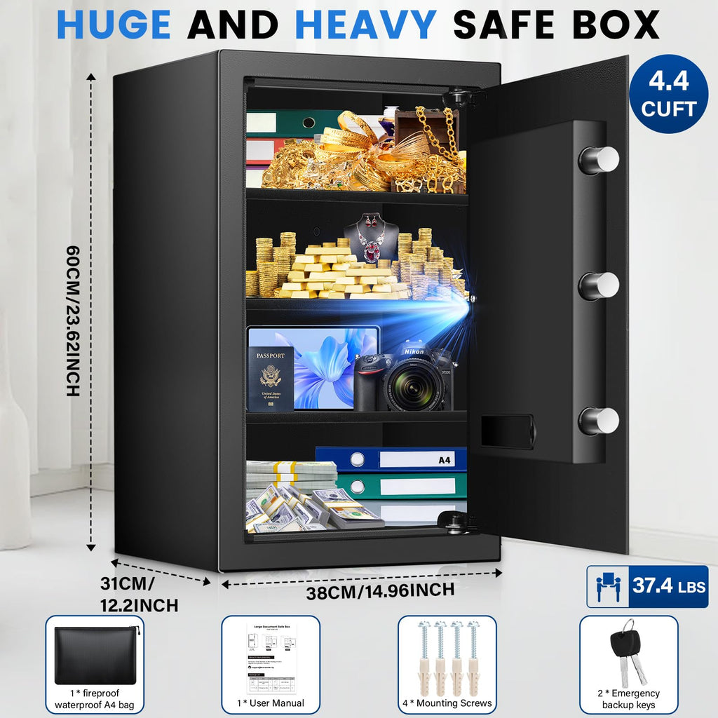 Home Safe Box, Safes with Fireproof Waterproof Bag, 9.84'' H Anti-Theft Digital Security Lock Box with Smart Alert System, Removable Shelf, Mute Function, Document Safes for Jewelry