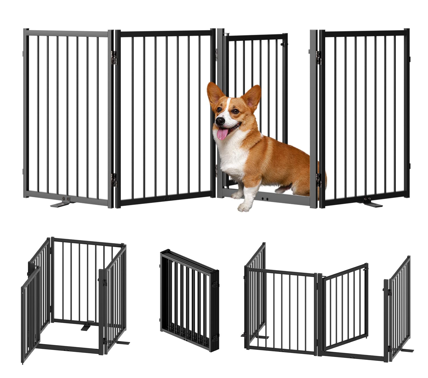 SNUOWU Full Metal Freestanding Dog Gate with Door, 24'' Height Foldable Pet Dog Fence for Indoor & Outdoor, 2 Panels Extra Wide Free Standing SmallDog Gates for Doorways,House,Stairs,Porch,Deck,Yard