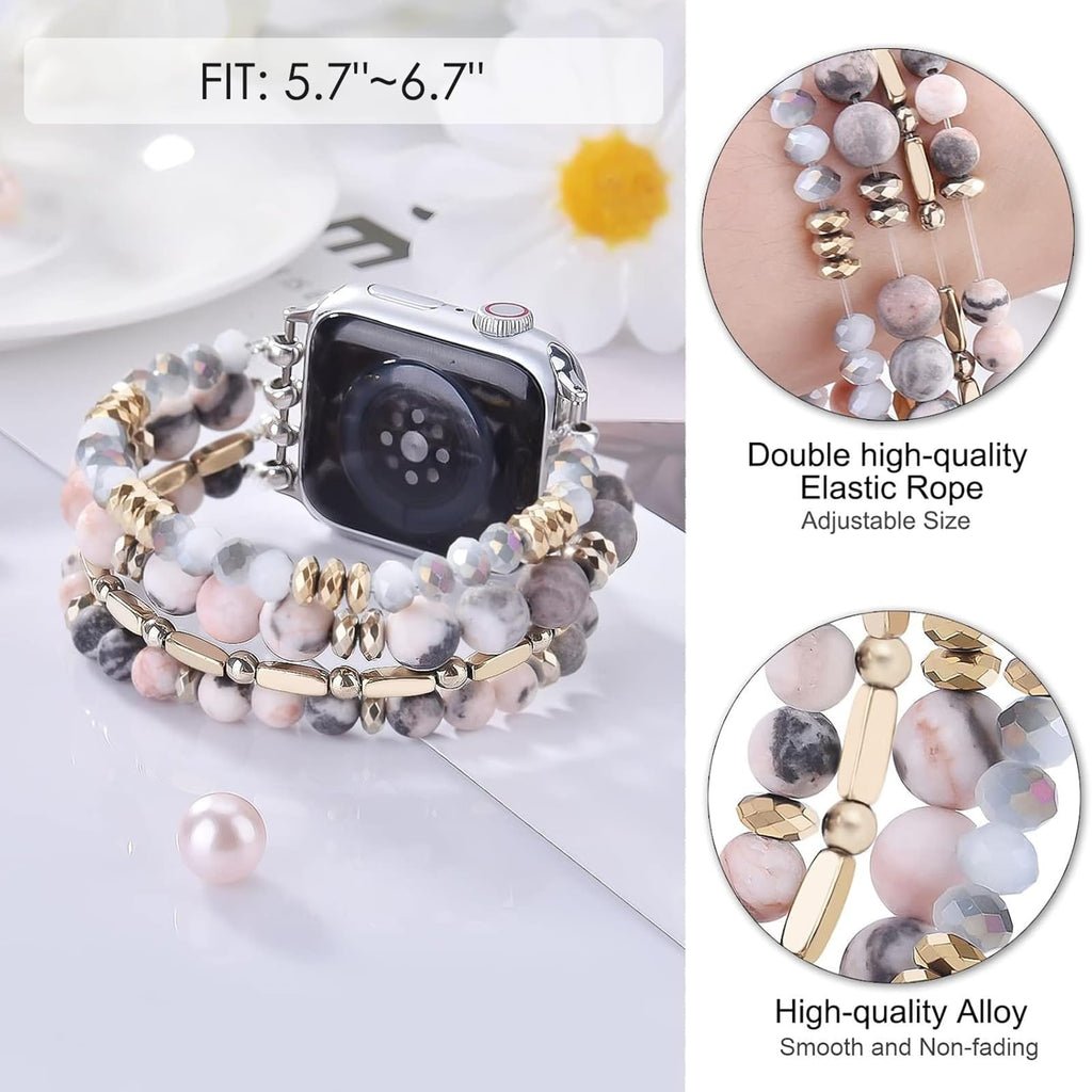 VISOOM Beaded Boho Bracelet Compatible for Apple Watch Band 40mm/38mm/41mm/42mm Series 11 10 9 8 7 SE Series 6/5/4 Women Fashion Cute Handmade Crystal Beads Stretchy Watch Strap for iWatch Bands 3/2/1