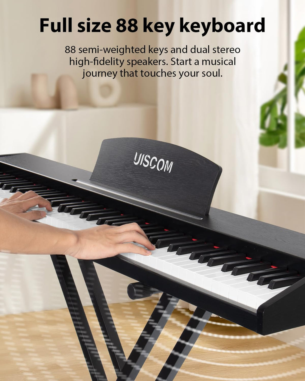 UISCOM Digital Piano Keyboard for Beginners, Full Size 88 Key Semi-Weighted Keyboard Electric Piano with Stand,Power Adapter,Sheet Music Stand,Pedal,Headphone,USB-MIDI Compatible,Wood Grain Apricot