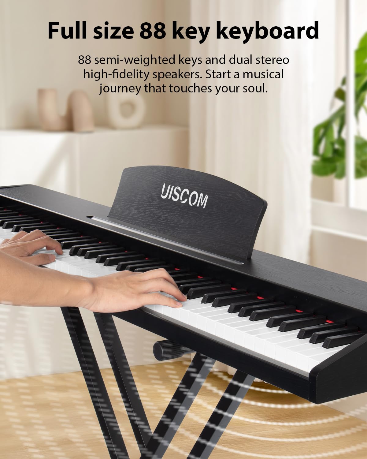 UISCOM Digital Piano Keyboard for Beginners, Full Size 88 Key Semi-Weighted Keyboard Electric Piano with Stand,Power Adapter,Sheet Music Stand,Pedal,Headphone,USB-MIDI Compatible,Wood Grain Apricot