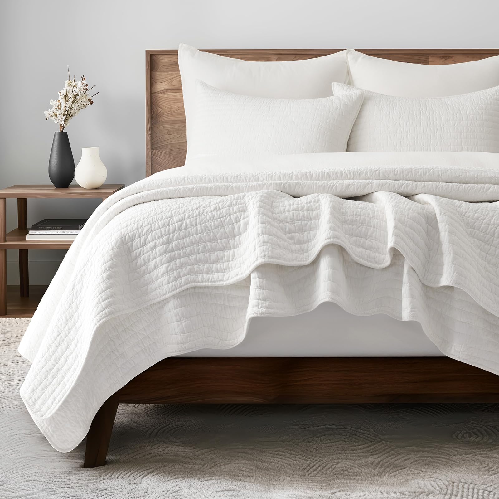 EVERGRACE Cotton Border Frame Tack-Stitch Quilt Bedding Set Queen Size, Coastal Oversized 3 Pieces Lightweight Bedspread Coverlet for All Season, with 2 Matching Shams, Blue Linen
