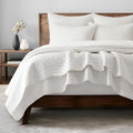 EVERGRACE Cotton Border Frame Tack-Stitch Quilt Bedding Set Queen Size, Coastal Oversized 3 Pieces Lightweight Bedspread Coverlet for All Season, with 2 Matching Shams, Blue Linen
