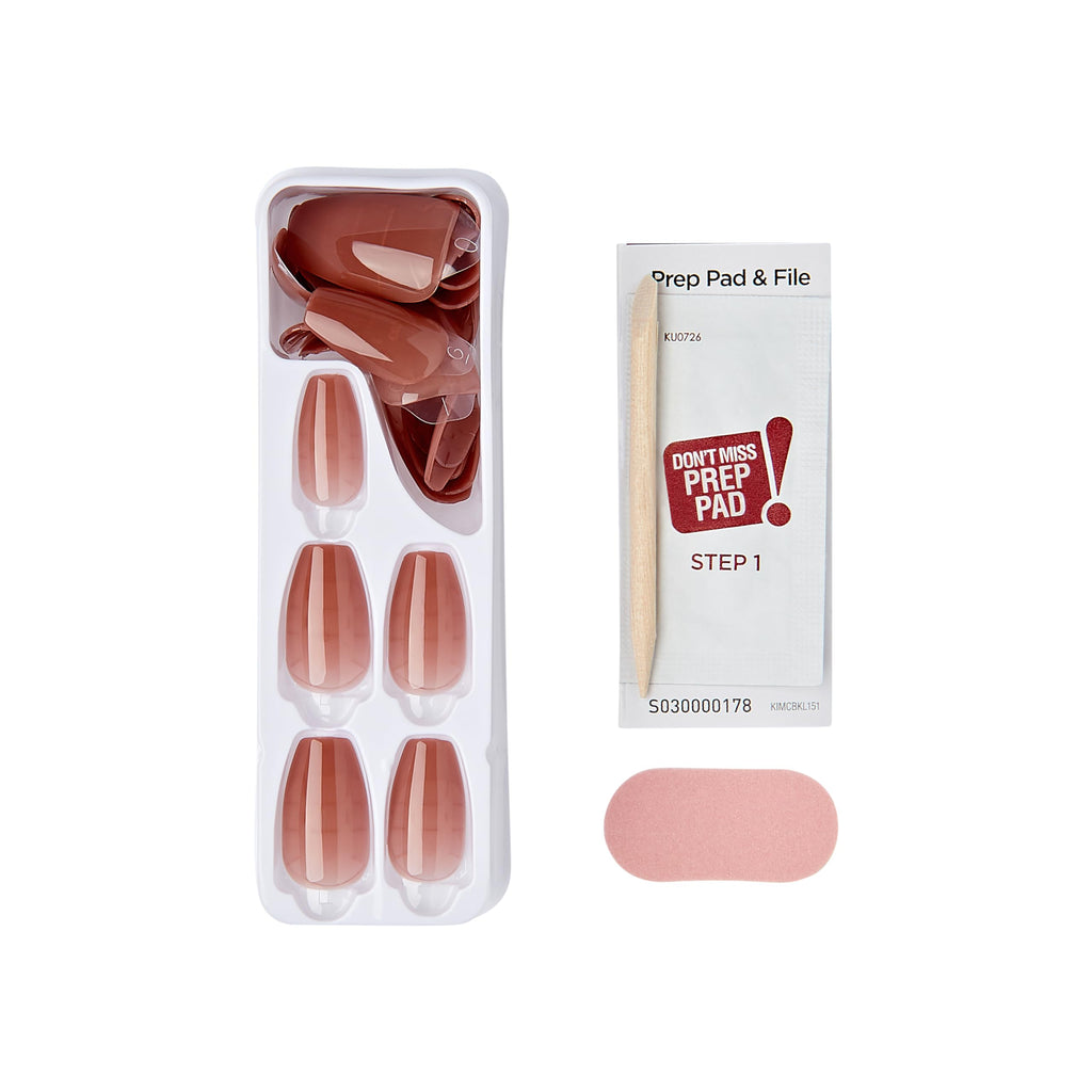 KISS imPRESS No Glue Mani Press On Nails, Bare but Better, 'Flare', Medium Neutral, Medium Size, Coffin Shape, Includes 30 Nails, Prep Pad, Instructions Sheet, 1 Manicure Stick, 1 Mini File
