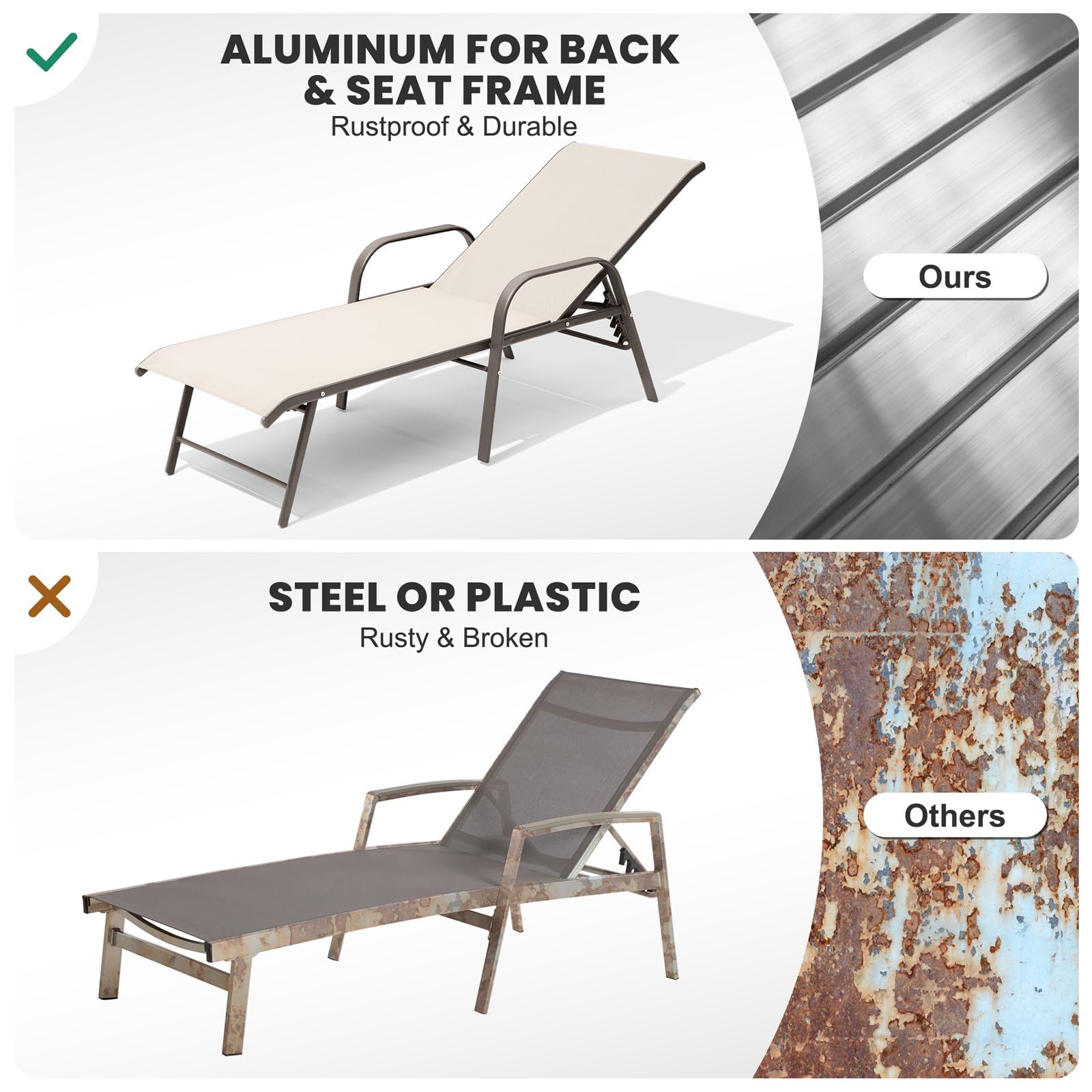 Crestlive Products Chaise Lounge Chair Outdoor with Armrests, Pool Lounge Chairs Set of 2, Aluminum Adjustable 5 Positions Sun Tanning Lounger for Patio, Poolside, Yard, Deck, Backyard (Beige)