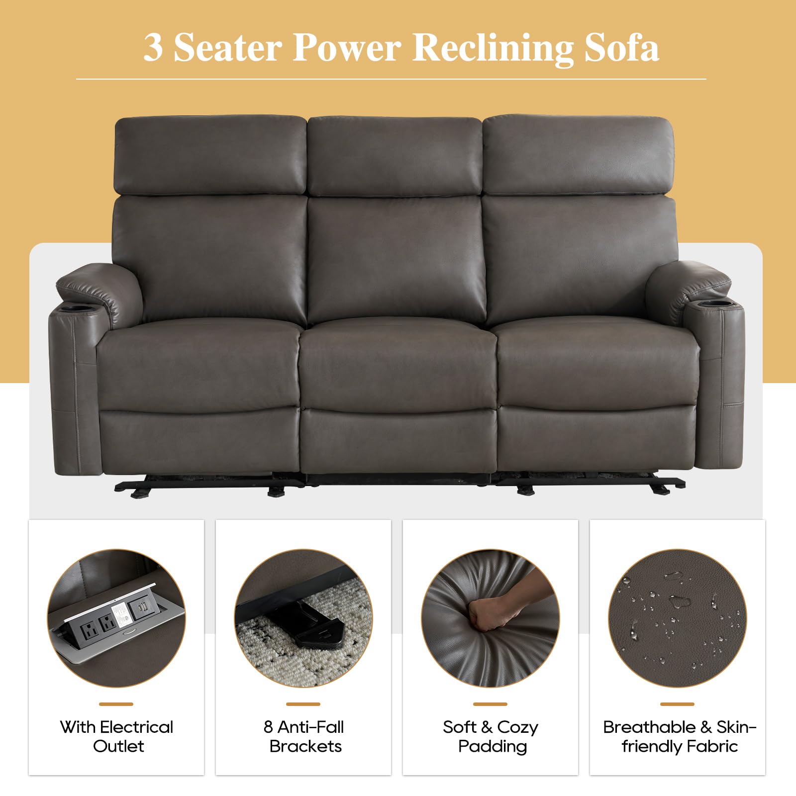 Power Reclining Sofa - 3 Seater Recliner Sofás, PU Leather Sofa, Home Theater Seating with Flipped Middle Backrest, Power Recliner Couch for Living Room(Brown)