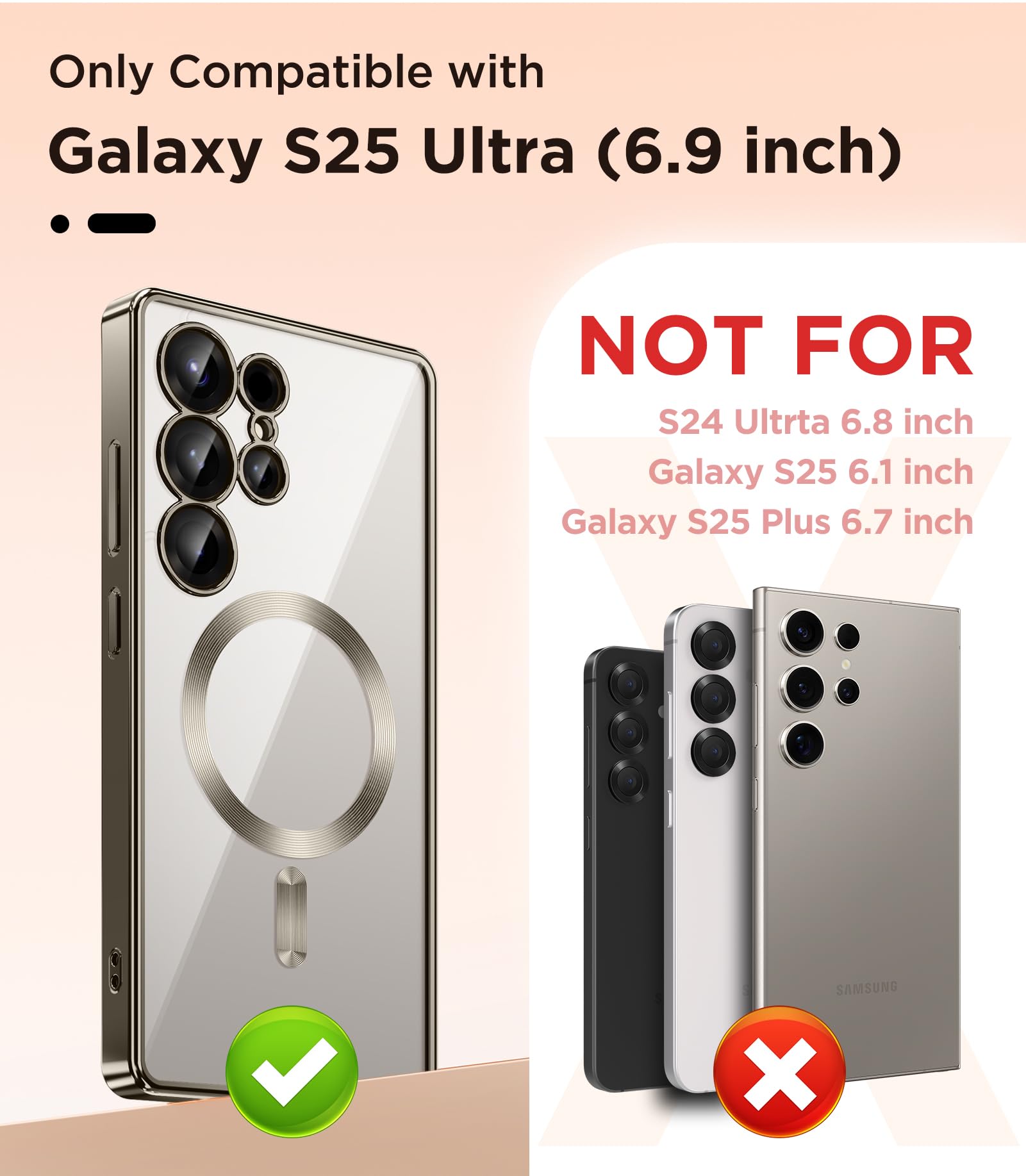 Magnetic Case Compatible with Samsung Galaxy S25 Ultra,Compatible with MagSafe,[Full Camera Protection][Screen Protector] Shockproof Plating Clear Phone Cover for Galaxy S25 Ultra(Black/Clear)