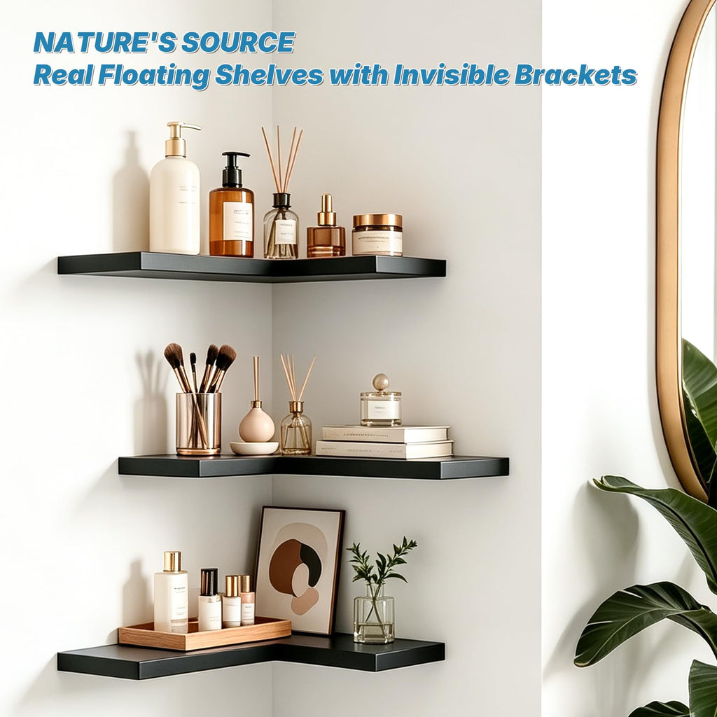 NATURE'S SOURCE Corner Floating Shelves with Invisible Brackets, Corner Shelves Wall Mounted Set of 3, Bedroom Bathroom Kitchen Living Room Office- Gothic Style 16.6" x 6" (Black)