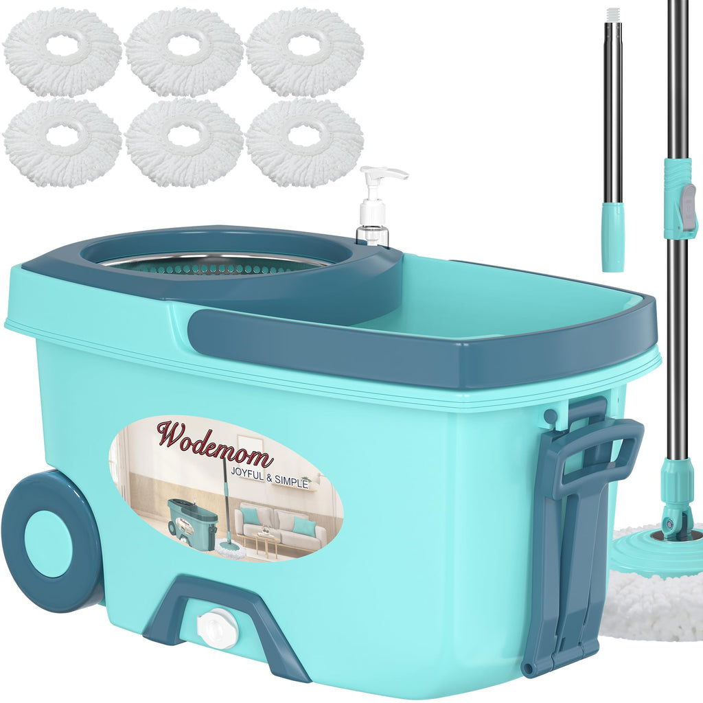 Dual Compartment Spin Mop and Bucket, Mop and Bucket with Wringer Set,360°Rotating Spinning Mopping for Floor Cleaning with 6 Microfiber Replacement Heads, 61" Extended Handle, 2X Wheel - Deep Green