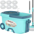 Dual Compartment Spin Mop and Bucket, Mop and Bucket with Wringer Set,360°Rotating Spinning Mopping for Floor Cleaning with 6 Microfiber Replacement Heads, 61" Extended Handle, 2X Wheel - Deep Green