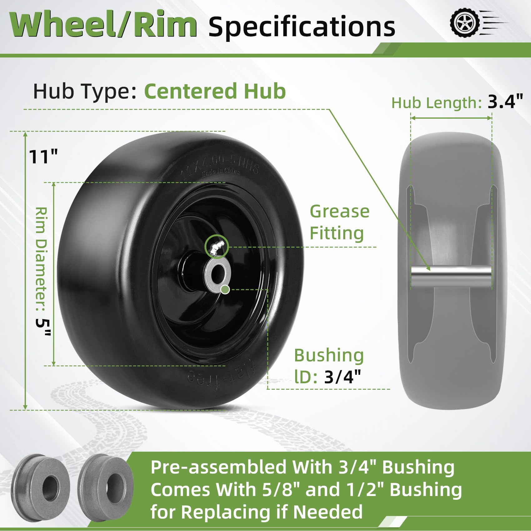 2 PCS 11x4.00-5" Lawn Mower Tires Flat Free,3/4" 5/8" 1/2" Bushing,3.4"-4"-4.5"-5" Centered Hub,Universal Fit Smooth Tread Tire for Zero Turn Lawn Mowers, with Universal Adapter Kit(Blcak Rim)
