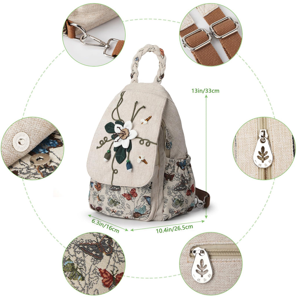 Ladys Convertible Sling Bag, Hand Craft Artisan Purse, Girls Beautiful Canvas Premium Casual Day Mini Backpack for Women (Flower Bee)