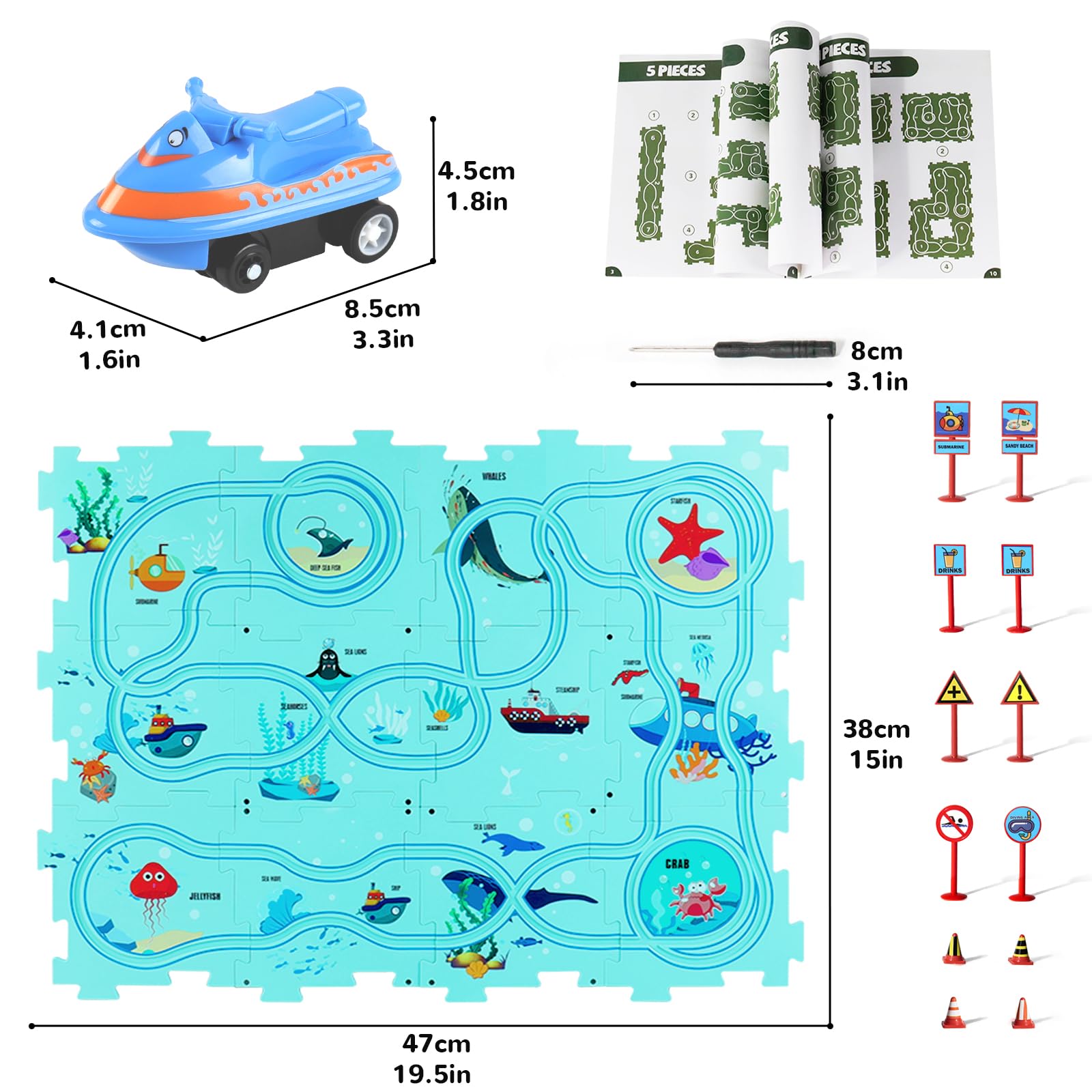 Puzzle Track Car Play Set with 12 Dinosaur Figures, Plastic Railcar Floor Puzzles for Kids Ages 3-5 with Vehicles, Toys Gifts for 3 4 5 6 Year Old Boys