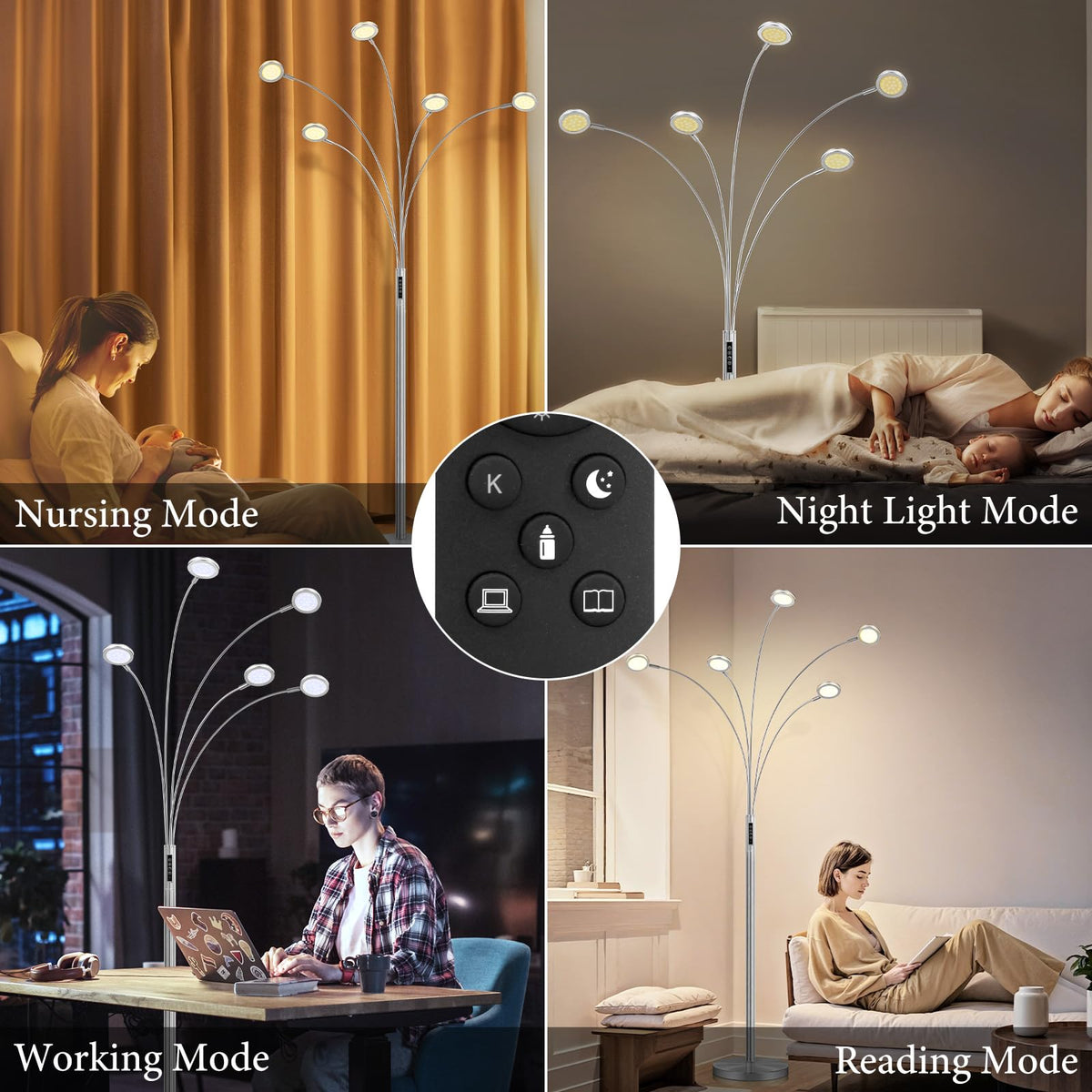 LED Arc Floor Lamp with Remote, 2250LM Dimmable Gold Floor Lamp with Timer, Adjustable Colors, Brightness & 5 Adjustable Arms, Multi-Head Tall Tree Standing Lamp for Living Room Bedroom Corner Office