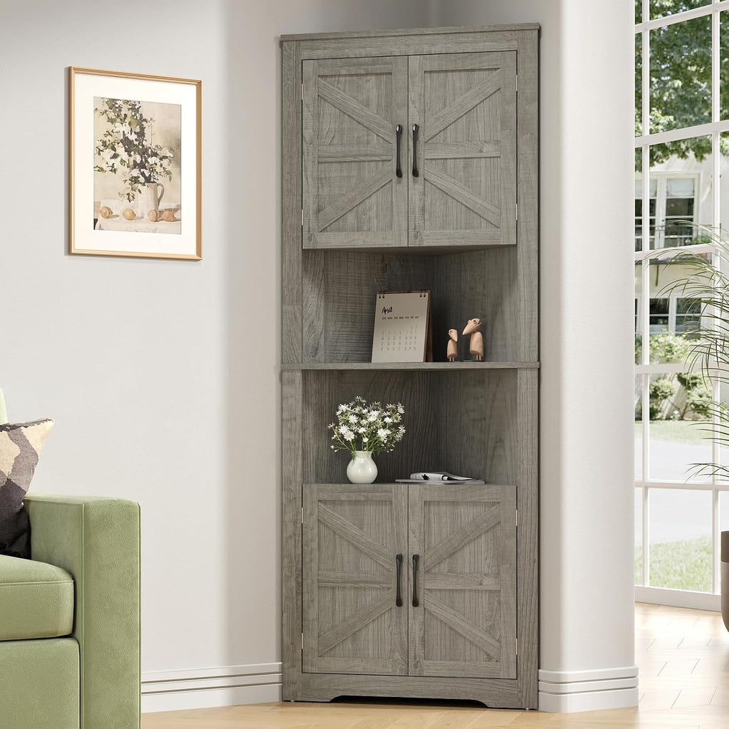 Corner Cabinet 67” Tall, Farmhouse Corner Storage Cabinet with Doors and 5 Shelves, Home Space Saver for Kitchen, Living Room, Gray