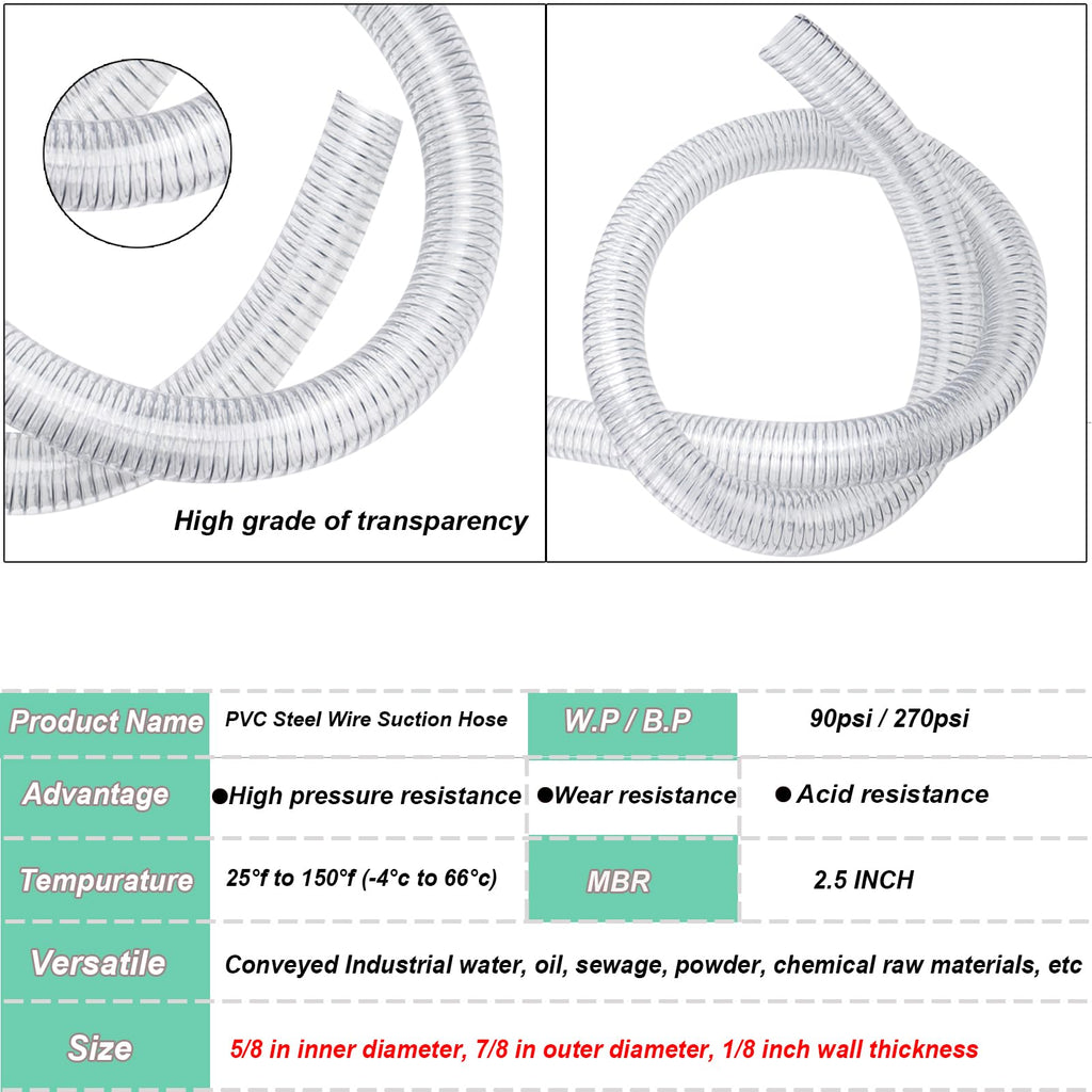1"id-5ft PVC Reinforced Tubing Steel Wire Suction Flexible Hose Vinyl Tubing Heavy Duty PVC Vacuum Hose Drain Fuel Oil Gas Water for Marine Bilge Pump Pond Spa