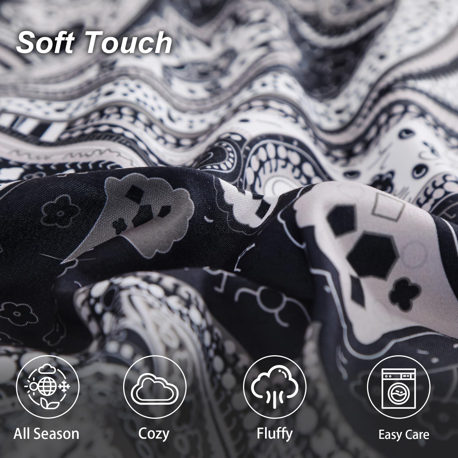 DJY Black Paisley Comforter Set Full Size 7 Piece Bed in a Bag Black and Grey Boho Paisley Pattern Comforter Set Soft Lightweight Microfiber Reversible Bedding Set for All Season