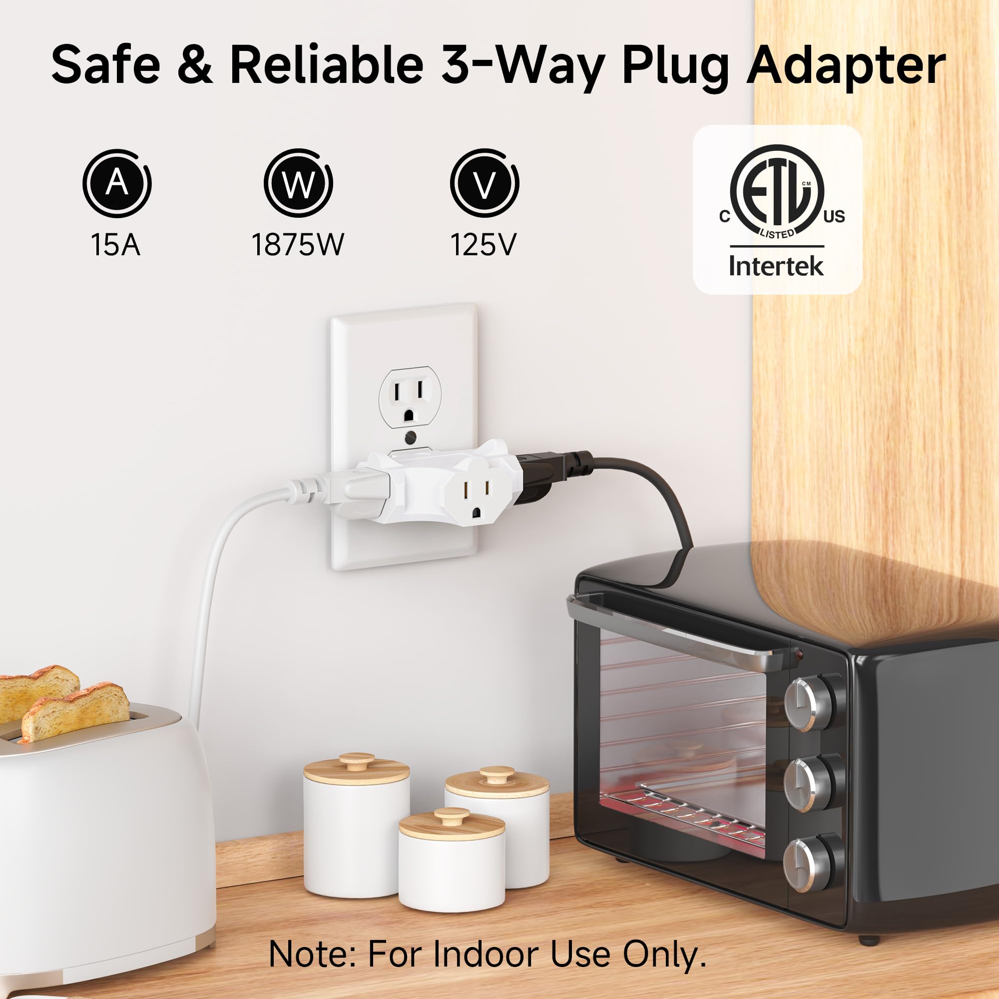 [ETL Listed] Cable Matters 3-Pack 3 Way Plug Adapter 15A 1875W, 3 Prong 3 Outlet Adapter, Power Splitter Plug Outlet, 3 Way Electrical Splitter, Black
