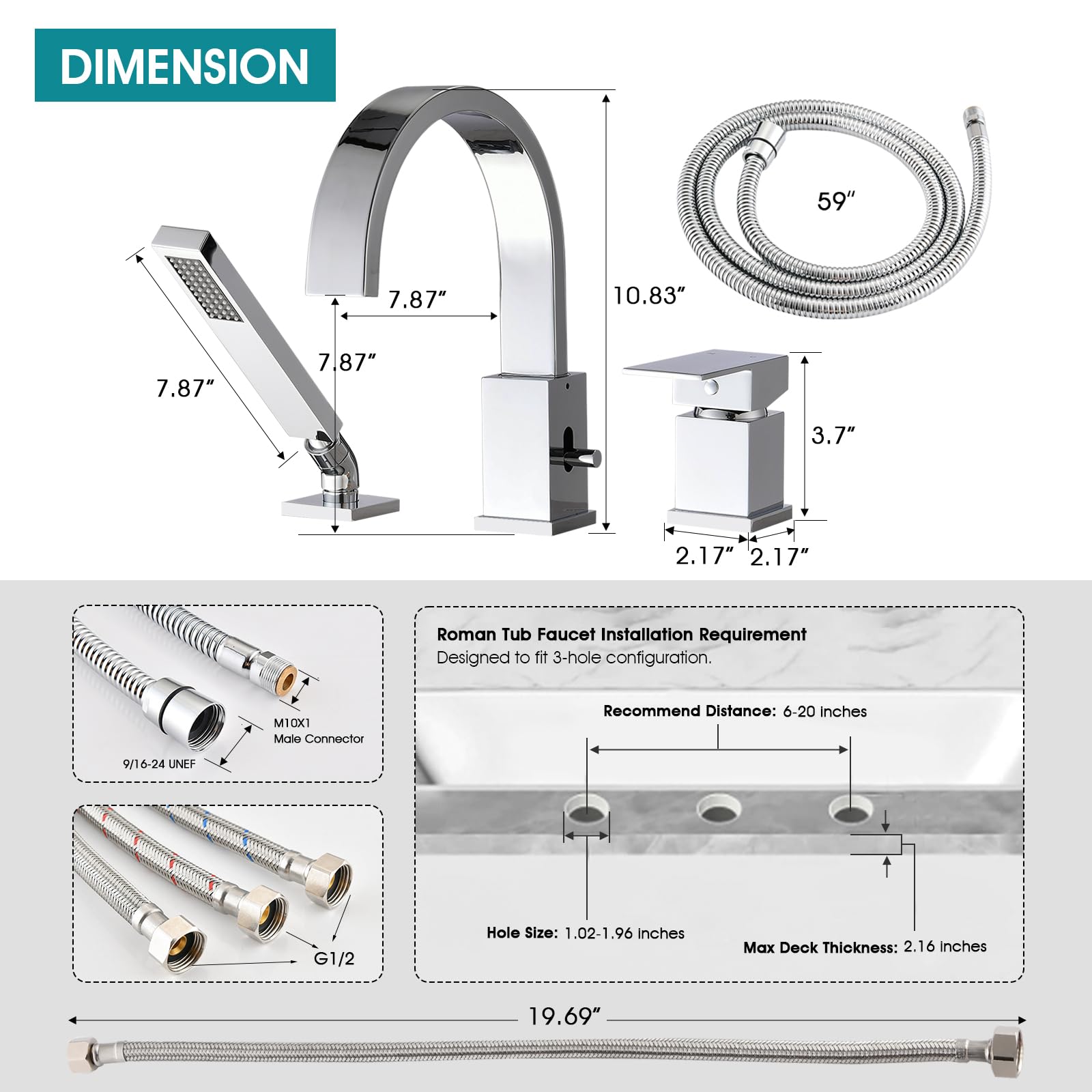Brass Roman Tub Faucet with Sprayer, Deck Mount Bathtub Faucet with Hand Shower, 3 Hole Waterfall Faucet with 360 Spout, Single Handle Tub Filler with 8 GPM High Flow, Brushed Gold