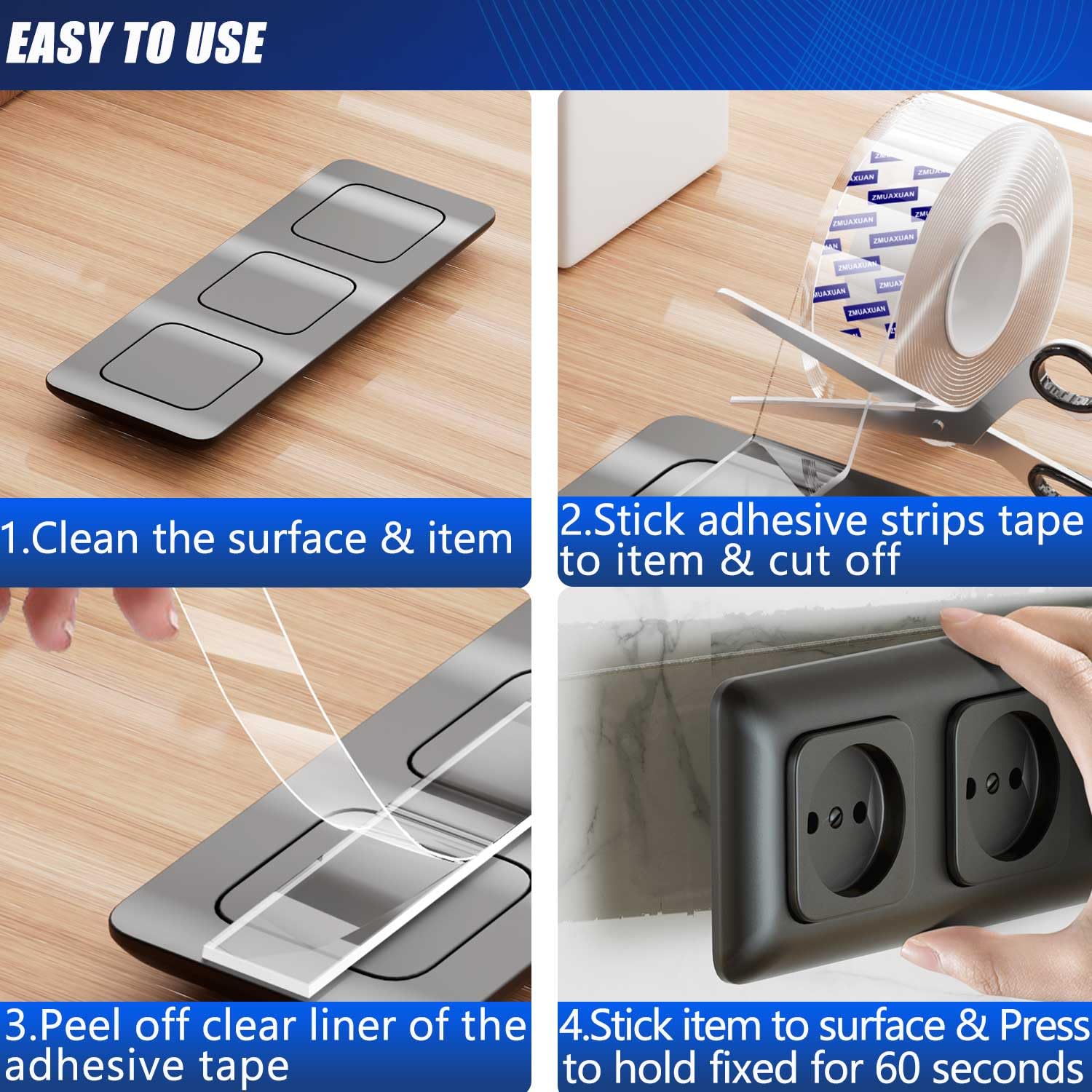 ZMUAXUAN Strong Nano Double Sided Tape Heavy Duty Mounting,Clear Removable Wall Sticky Adhesive Strips,Reusable Thick Gel Grip for Hanging Picture,Poster,Carpet,Photo