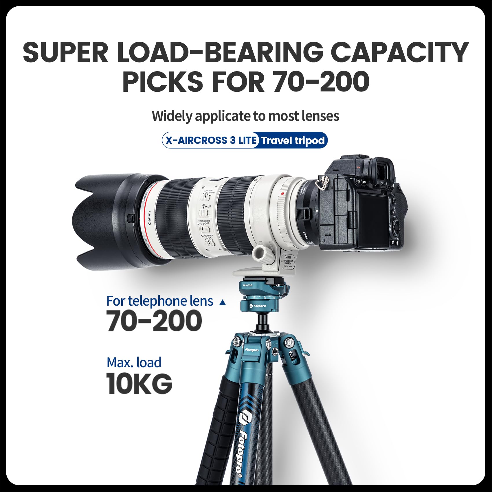 Fotopro 60" Camera Tripod, Carbon Fiber Travel Tripod with 360° Ball Head, Ultralight 2.1lbs, 22lbs Load, Quick Lock, Folds to 14.3" Carry-On, for DSLR Mirrorless Cameras, X-Aircross 3 Blue
