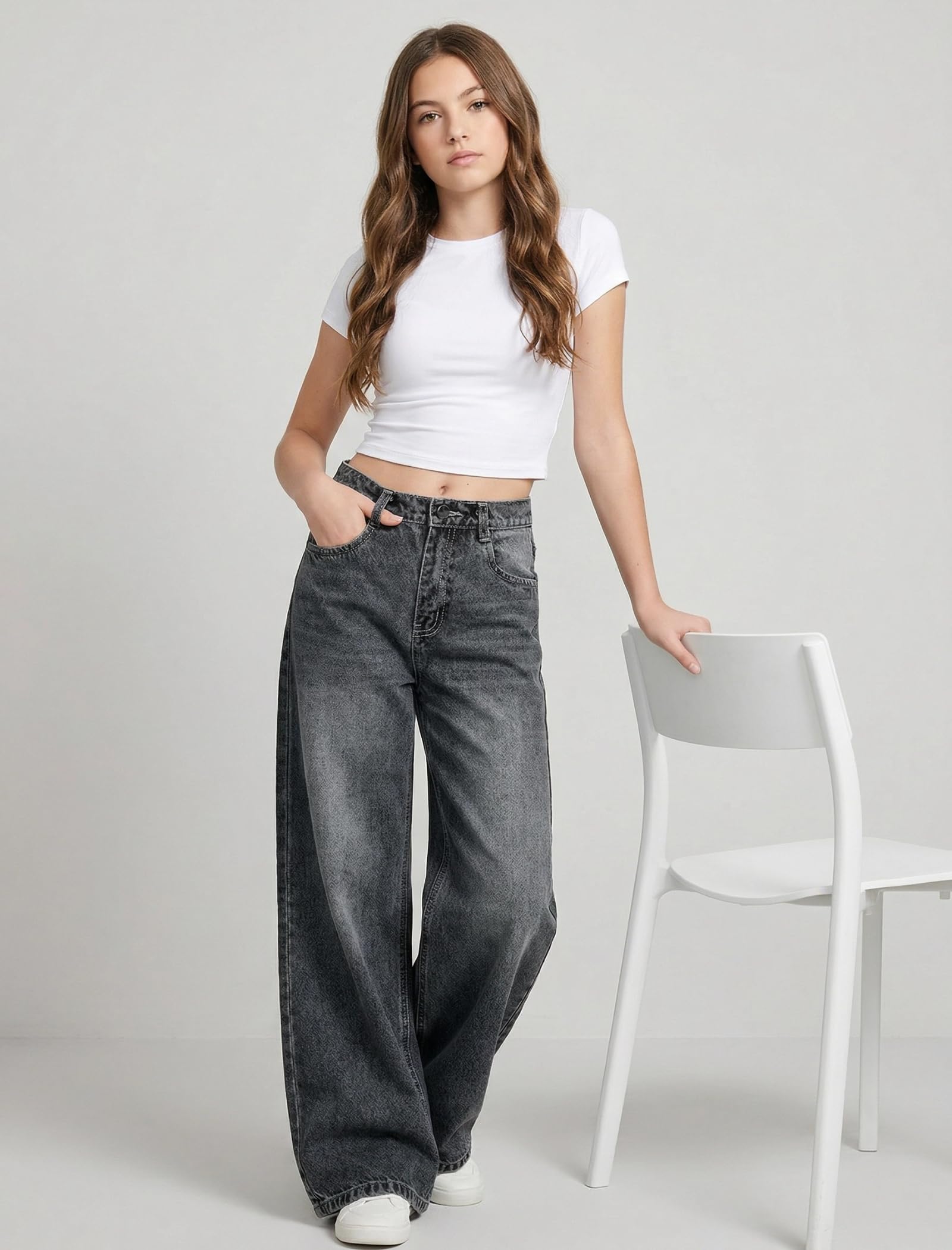 EXARUS Girls Jeans Baggy Wide Leg Cute Teen Tween Long Denim Pants Clothes Tall Junior Elastic Band Pockets