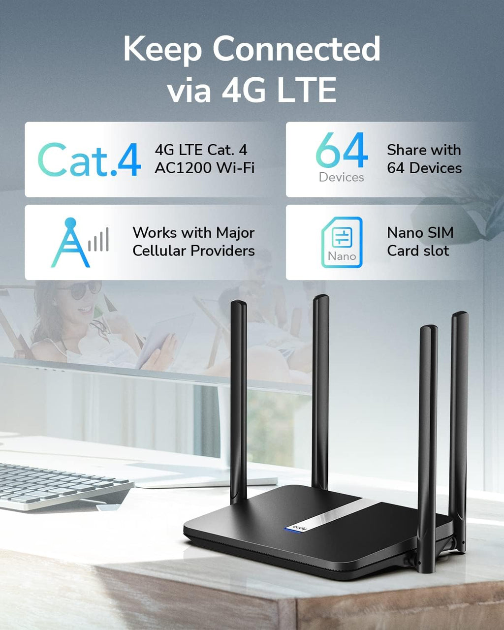 Cudy 4G LTE Cat 4 AC1200 Wi-Fi 5 Router, Nano SIM, 4 Ports, VPN, LT500 | 150Mbps Max DL, Connect 50 Devices, 427ft Wireless Range, FDD/TDD/WCDMA, WPA3, MU-MIMO, Mesh Node, Beamforming, Plug and Play