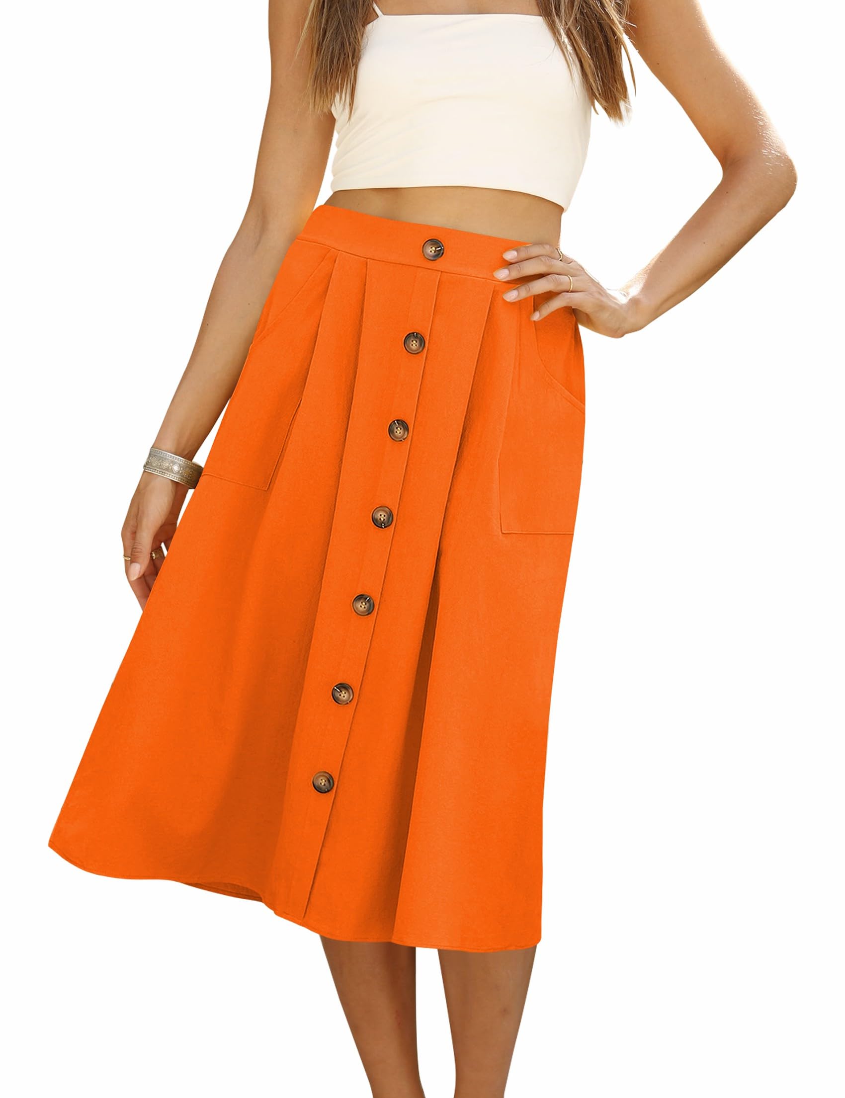 Naggoo Womens Summer Skirts Casual Front Button A-Line High Waisted Midi Skirt with Pockets