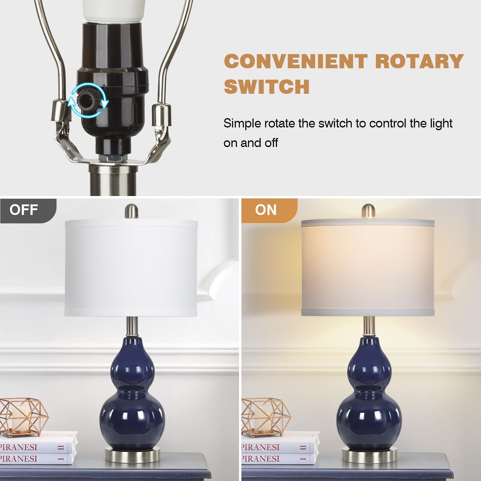 Rinweey Double Gourd Ceramic Table Lamps Set of 2, Modern Blue Bedside Lamps for Night Stand, Contemporary Nightstand Lamps for Bedroom Living Room (Bulb Included)
