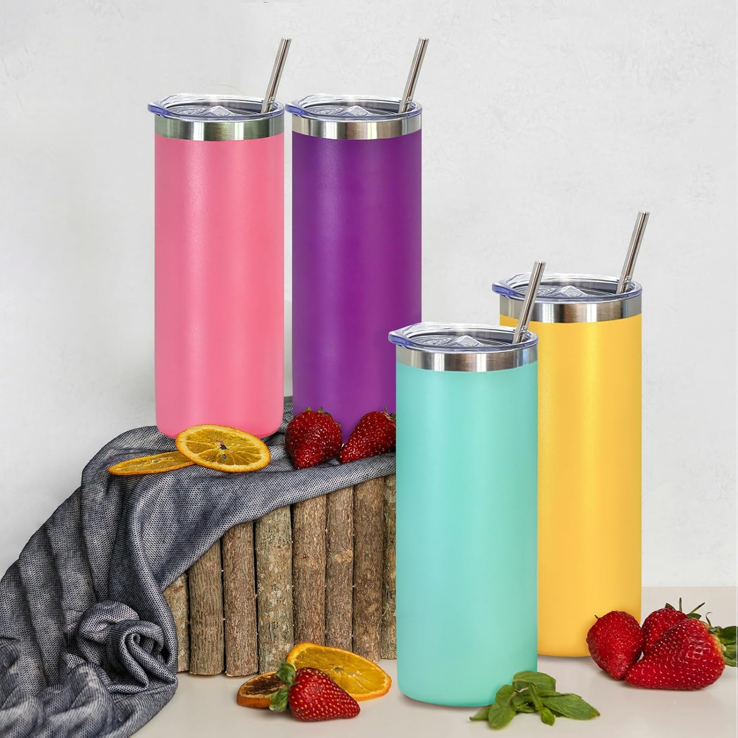 YOUKE OLA 16 Pack Stainless Steel Skinny Tumblers Bulk Straight Double Wall Powder Coated Insulated Tumbler with Lid and Straw for Laser Engrave, DIY Gift, 20oz Mix Colors