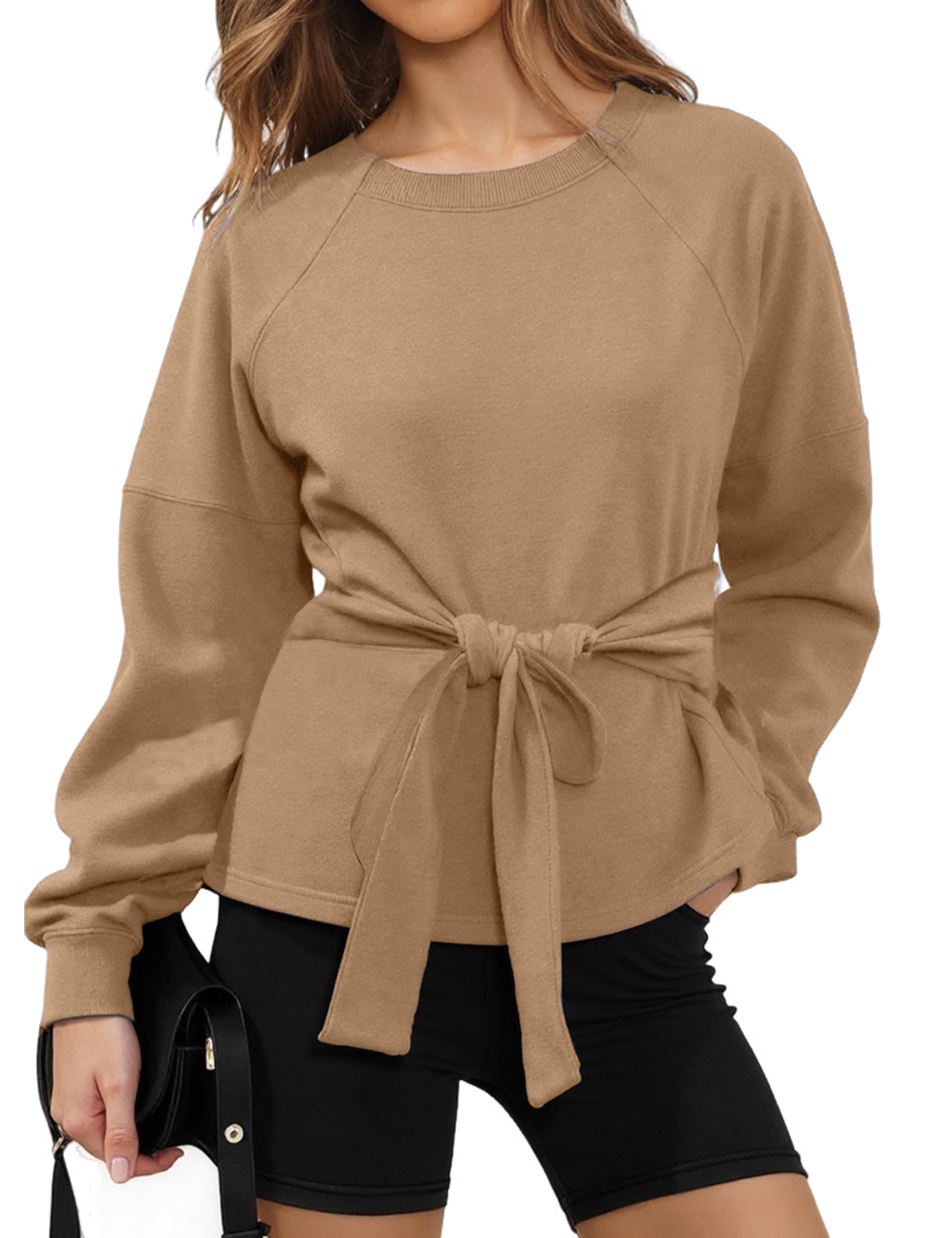 Zhiyouni Women's Long Sleeves Shirt Tops Casual 2026 Fall Fashion Crewneck Tie Knot Sweatshirt Pullover