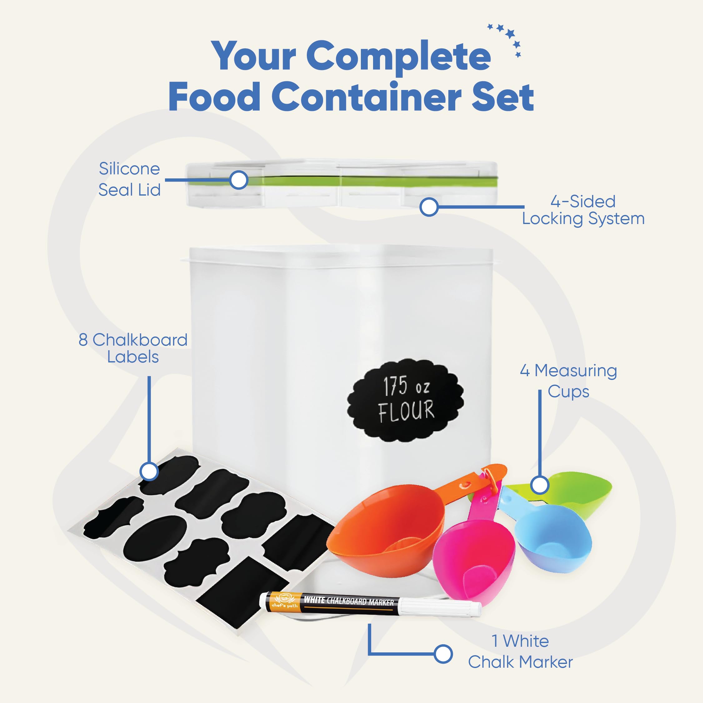 Chef's Path Kitchen Storage Box Set of 4 Extra Large Airtight Food Storage Jars for Sugar Flour Cereal Rice - Measuring Spoons, Pen and Food Preservation Labels (5.2 L)