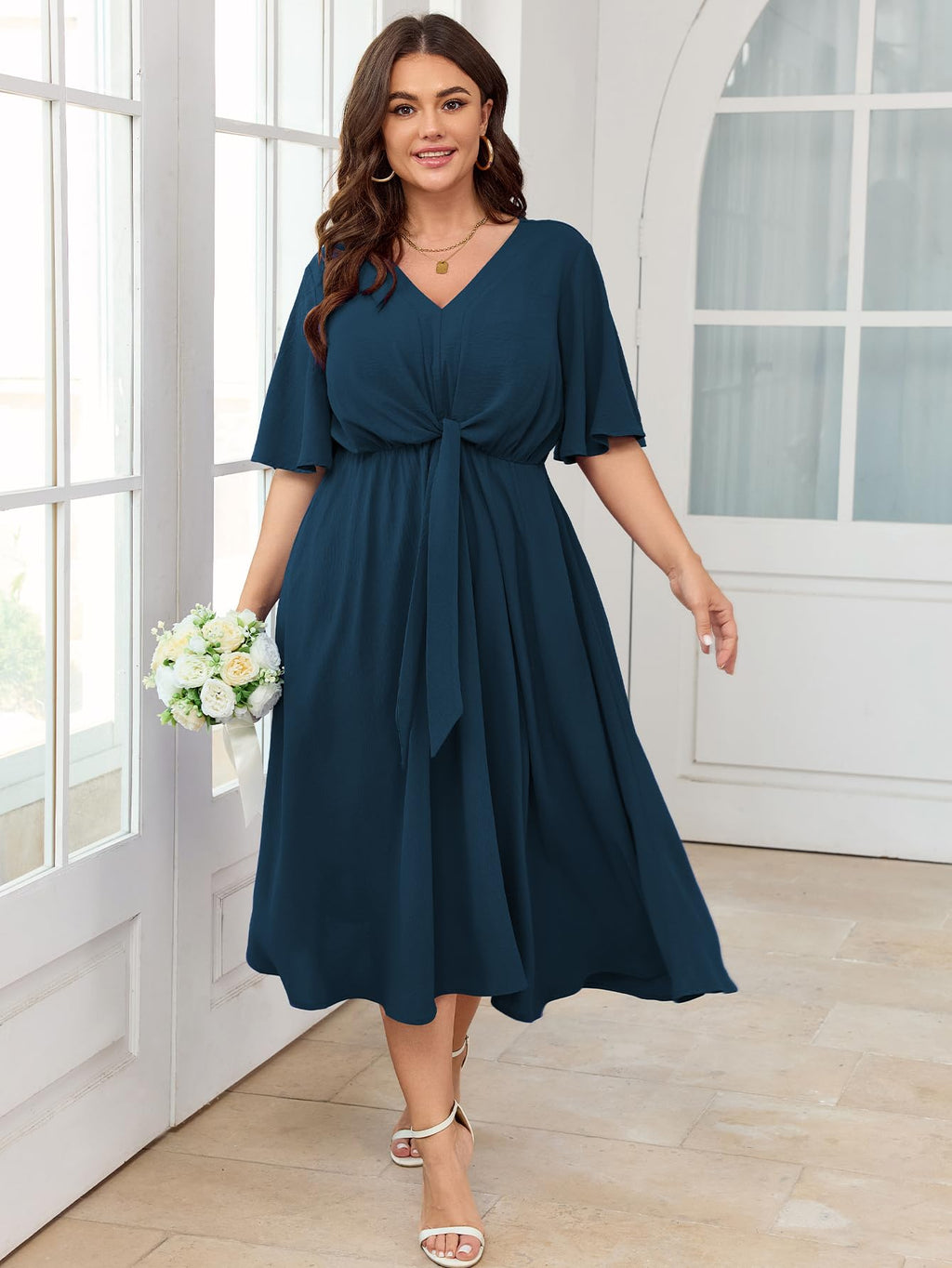 SCOMCHIC Women Plus Size Midi Dresses Wedding Guest Short Sleeve V Neck Tie Waist Casual Summer Flowy A Line Dress