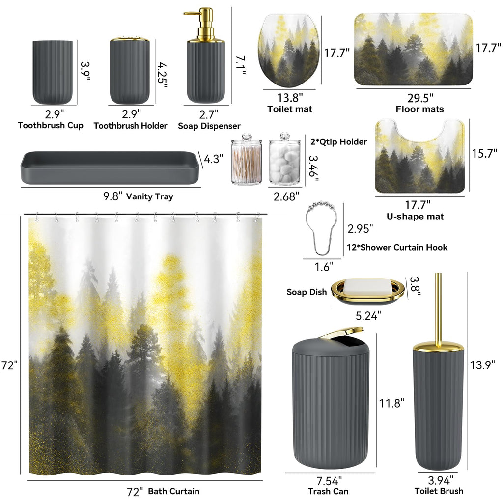 XLHOMO 24 PCS Black Bathroom Accessories Set with Shower Curtain and Rugs, Bathroom Decor Set with Trash Can, Toilet Brush, Soap Dispenser, Toothbrush Holder, Tumbler, Soap Dish and Jars