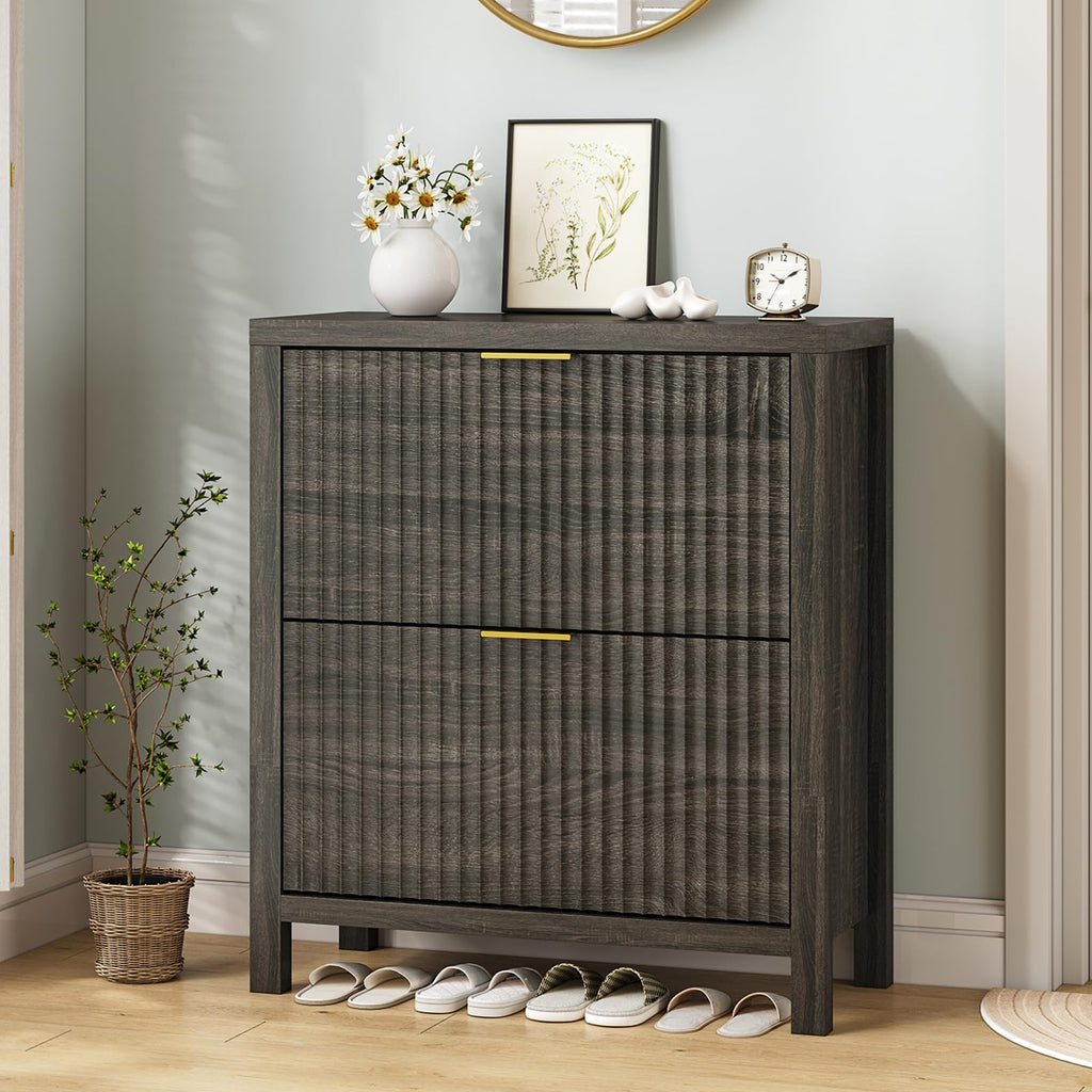 YOMILUVE Shoe Cabinet Storage for Entryway, Fluted Shoe Cabinet with 2 Flip Drawers, Hidden Shoe Rack Tall Freestanding Shoe Organizer with Legs for Hallway, Blue