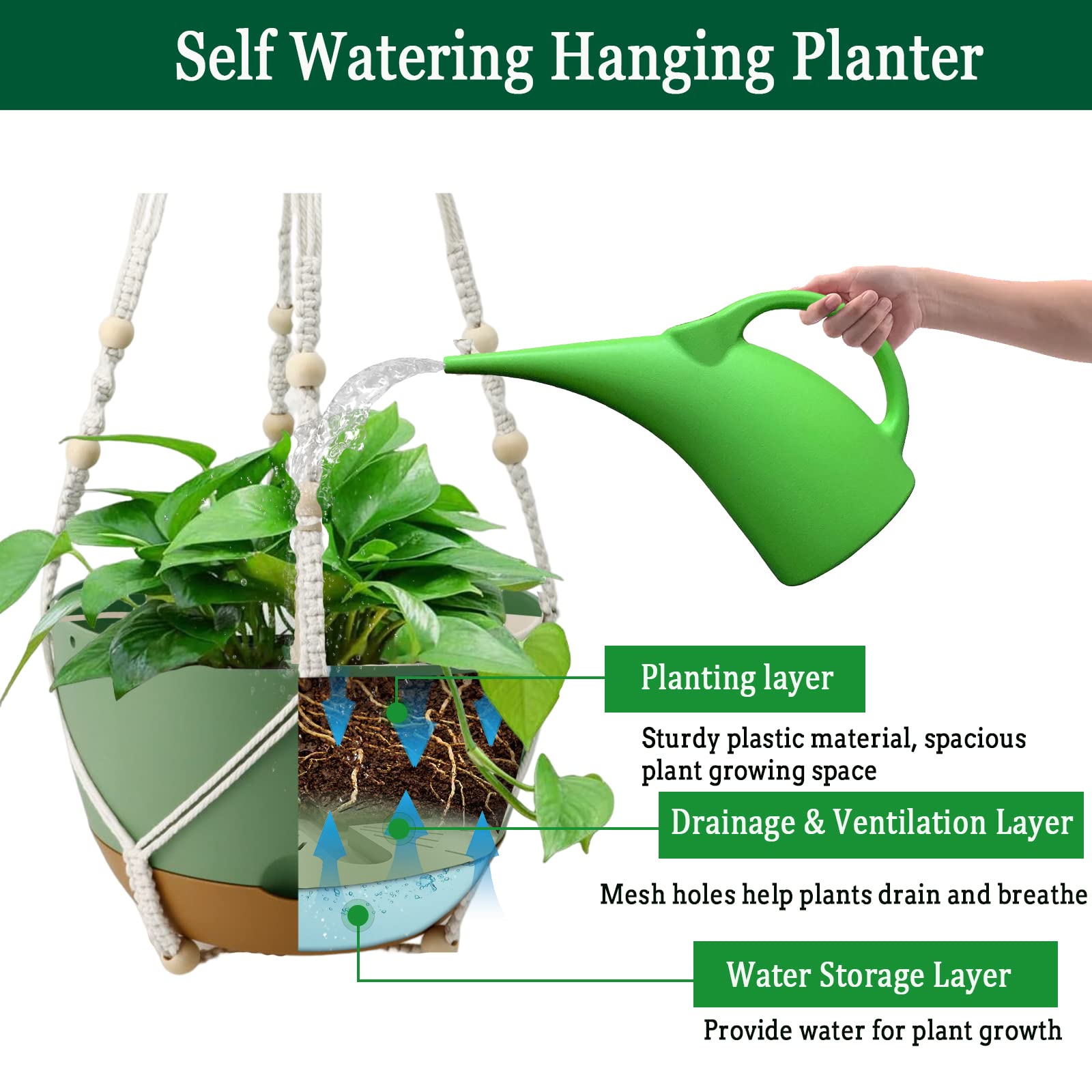 Koalaime Hanging Planter Self Watering 10 Inch, 2 Pack Indoor Outdoor Hanging Baskets, Hanging Flower Pots with Drainage Hole & 2 Kinds of Plant Hangers for Garden Home Decor(Green)…