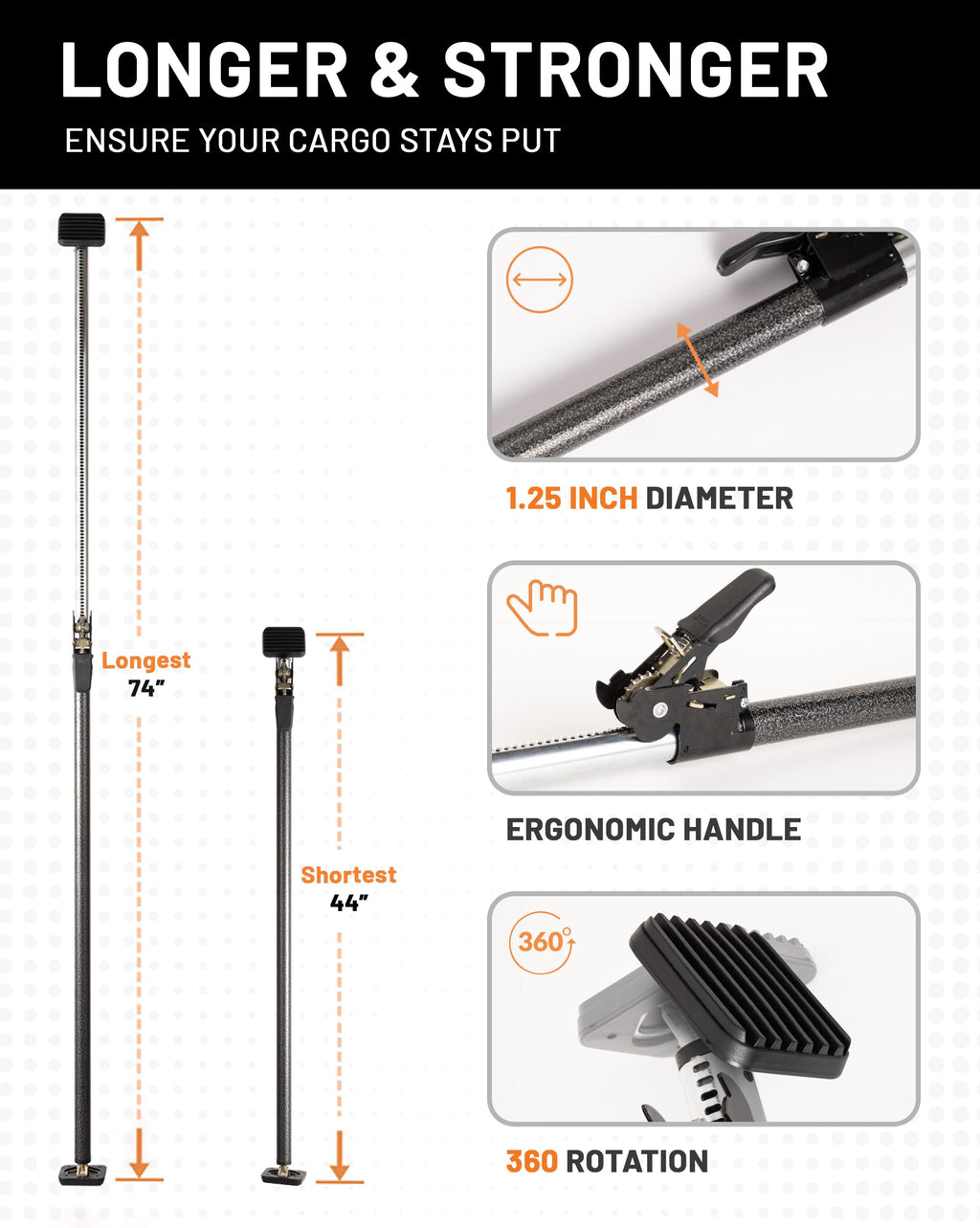 Strapinno - Ratcheting Cargo Bar 44"-74", Non-Slip Truck Bed Divider, Easy Setup, Strong 1.25" Tube, Adjustable Stabilizer for Pickup Trucks