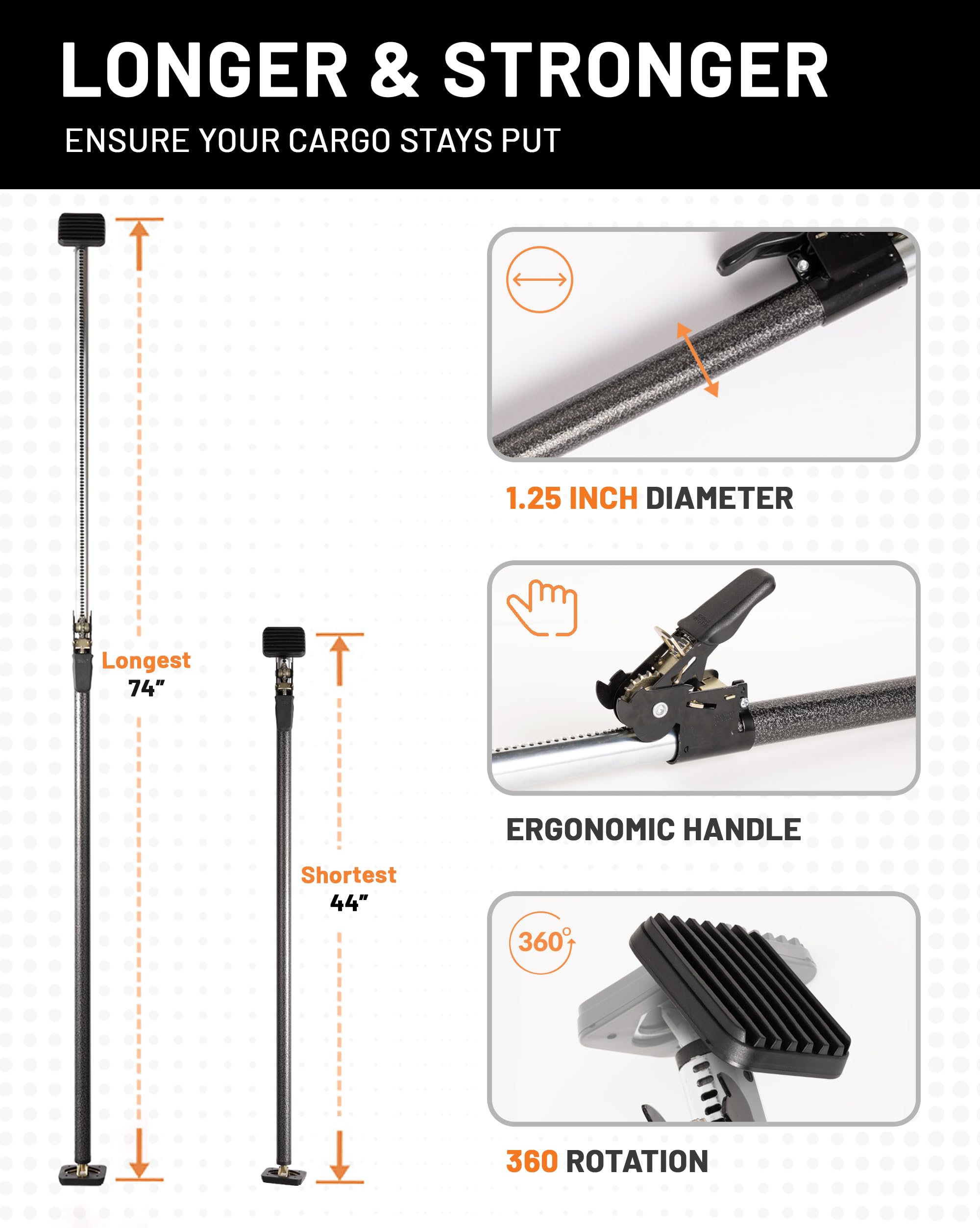 Strapinno - Ratcheting Cargo Bar 44"-74", Non-Slip Truck Bed Divider, Easy Setup, Strong 1.25" Tube, Adjustable Stabilizer for Pickup Trucks