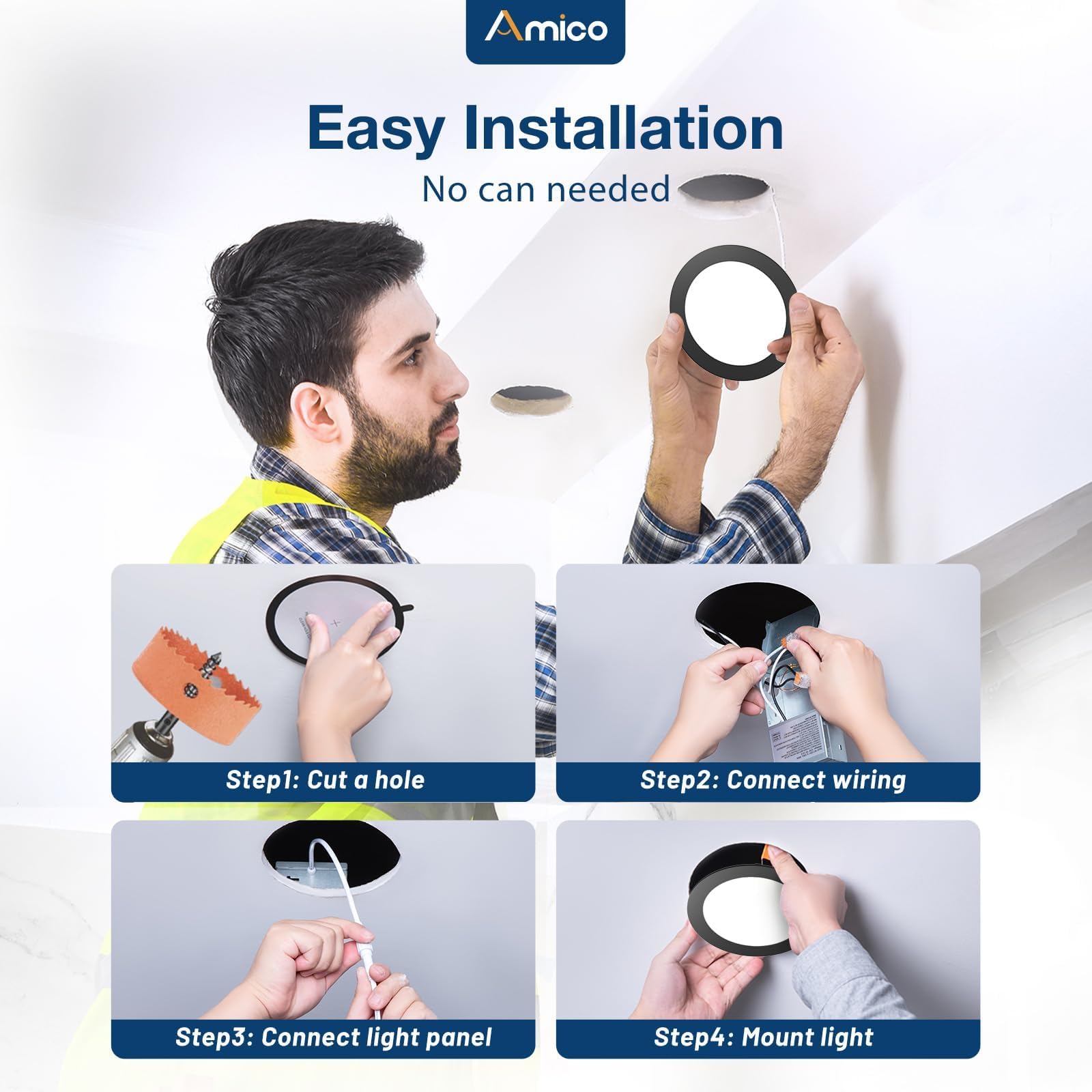 Amico 6 Pack 3 Inch 5CCT Ultra-Thin LED Recessed Ceiling Light with Junction Box, 2700K/3000K/3500K/4000K/5000K Selectable, 7W Eqv 60W 500LM Brightness Dimmable Canless Wafer Downlight, ETL
