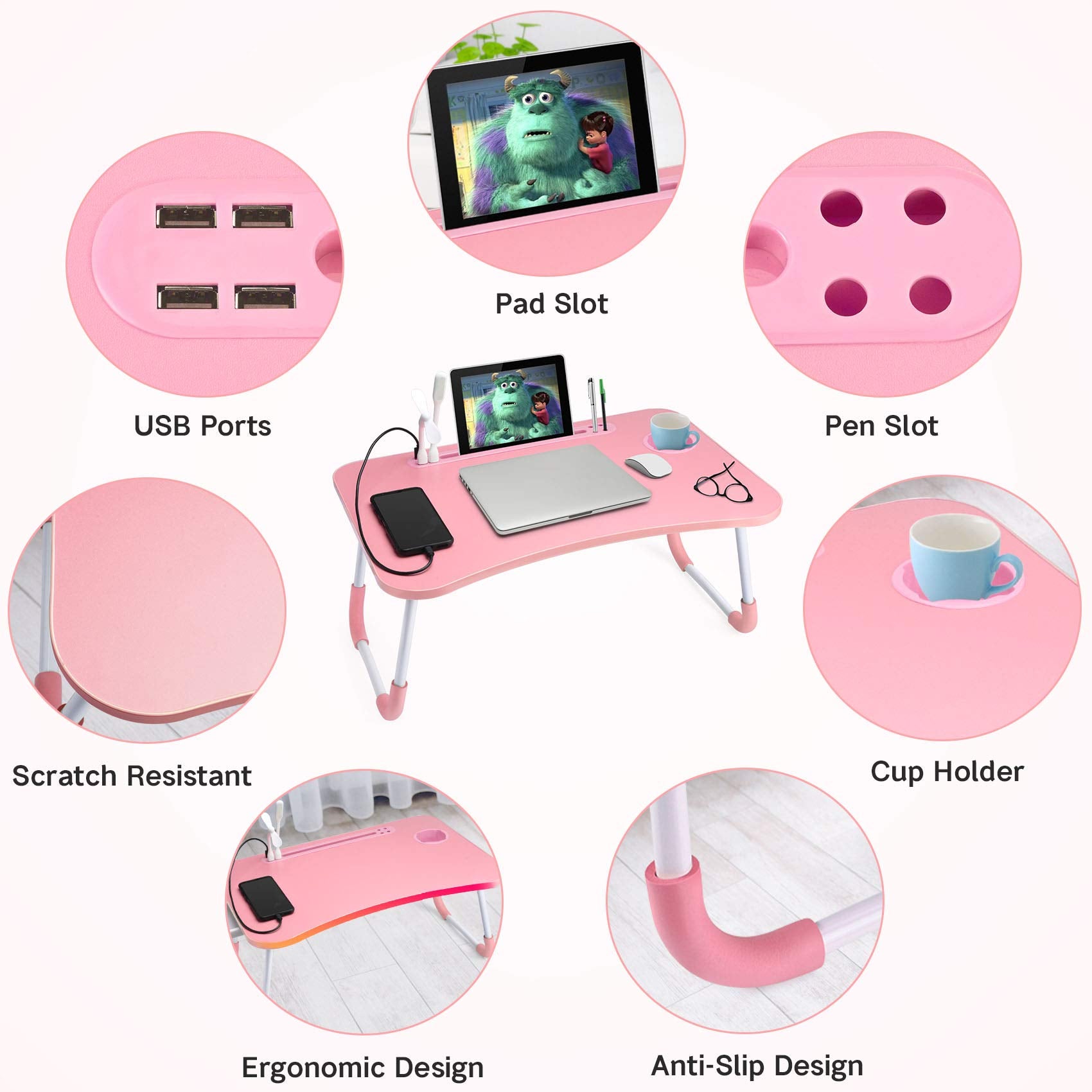 Slendor Lap Desk with Cup Holder, Foldable Laptop Table for Bed, Portable Bed Desk for Laptop and Writing, Computer Tray with Tablet Slot, Notebook Stand Reading Holder for Couch Sofa Floor,Black