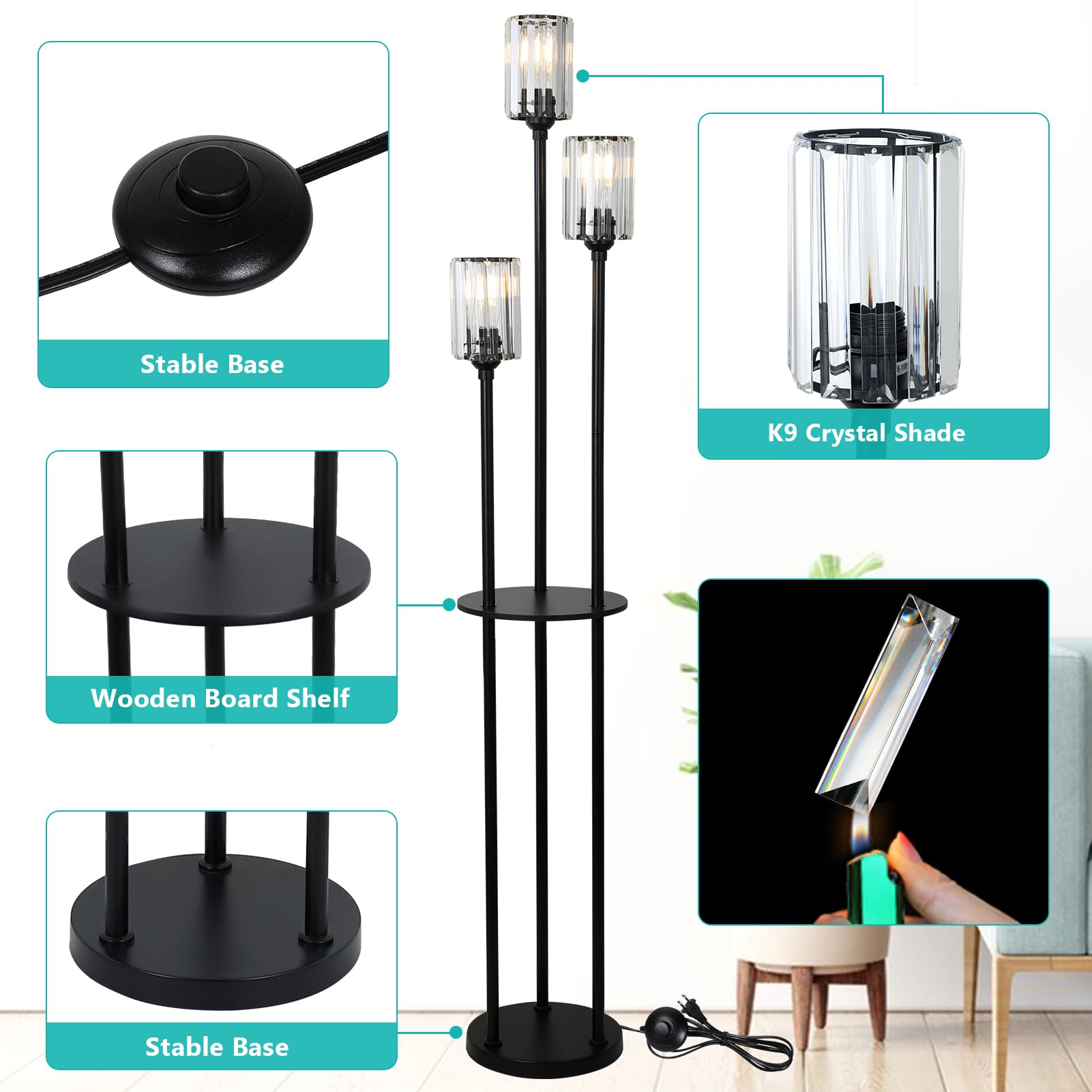 HMVPL Gold Floor Lamps for Living Room, Modern Floor Lamp with Shelves, Crystal Standing Lamps with Table, Brass Tall Lamp with Crystal Shade, On/Off Switch, Mid Century Corner Floor Lamp for Bedroom